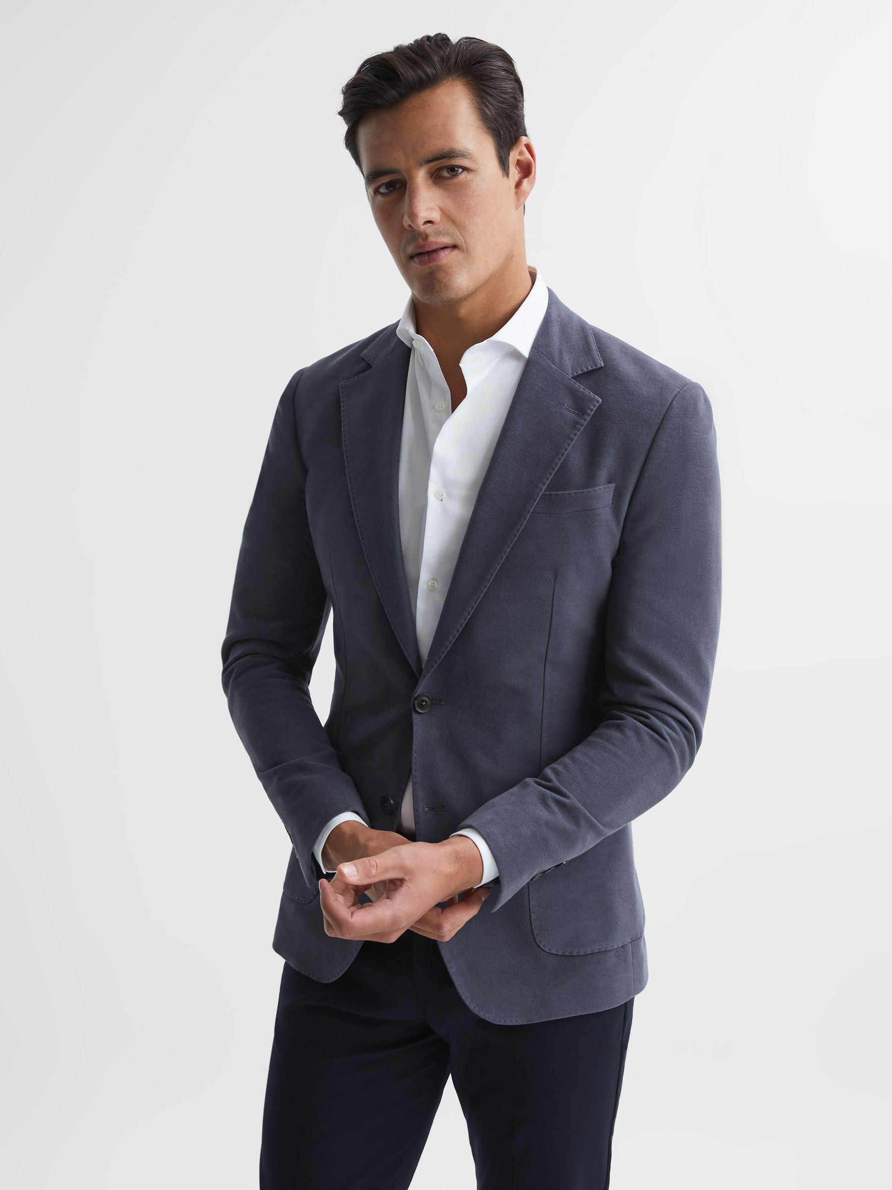 Single Breasted Slim Fit Moleskin Blazer in Airforce Blue - Image 1 of 8