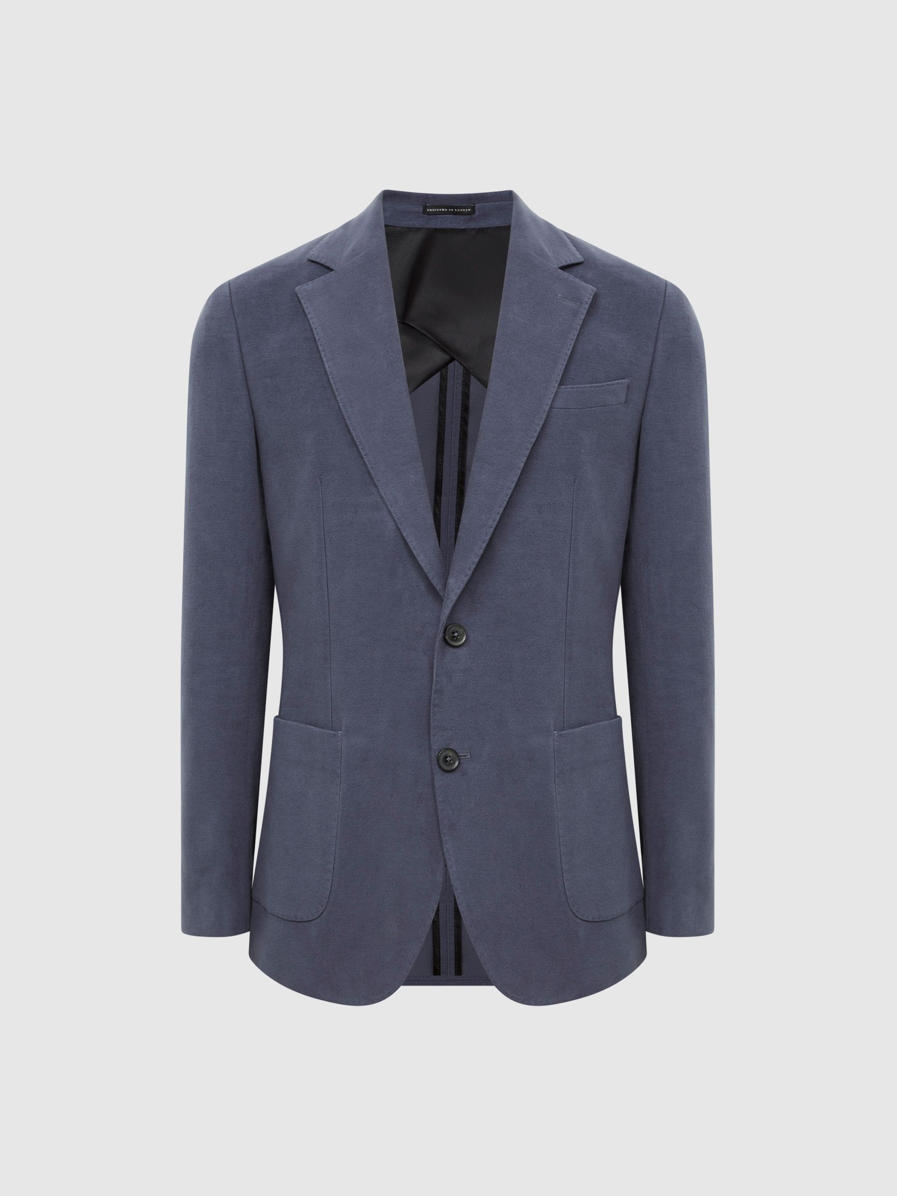 Single Breasted Slim Fit Moleskin Blazer in Airforce Blue - Image 2 of 8