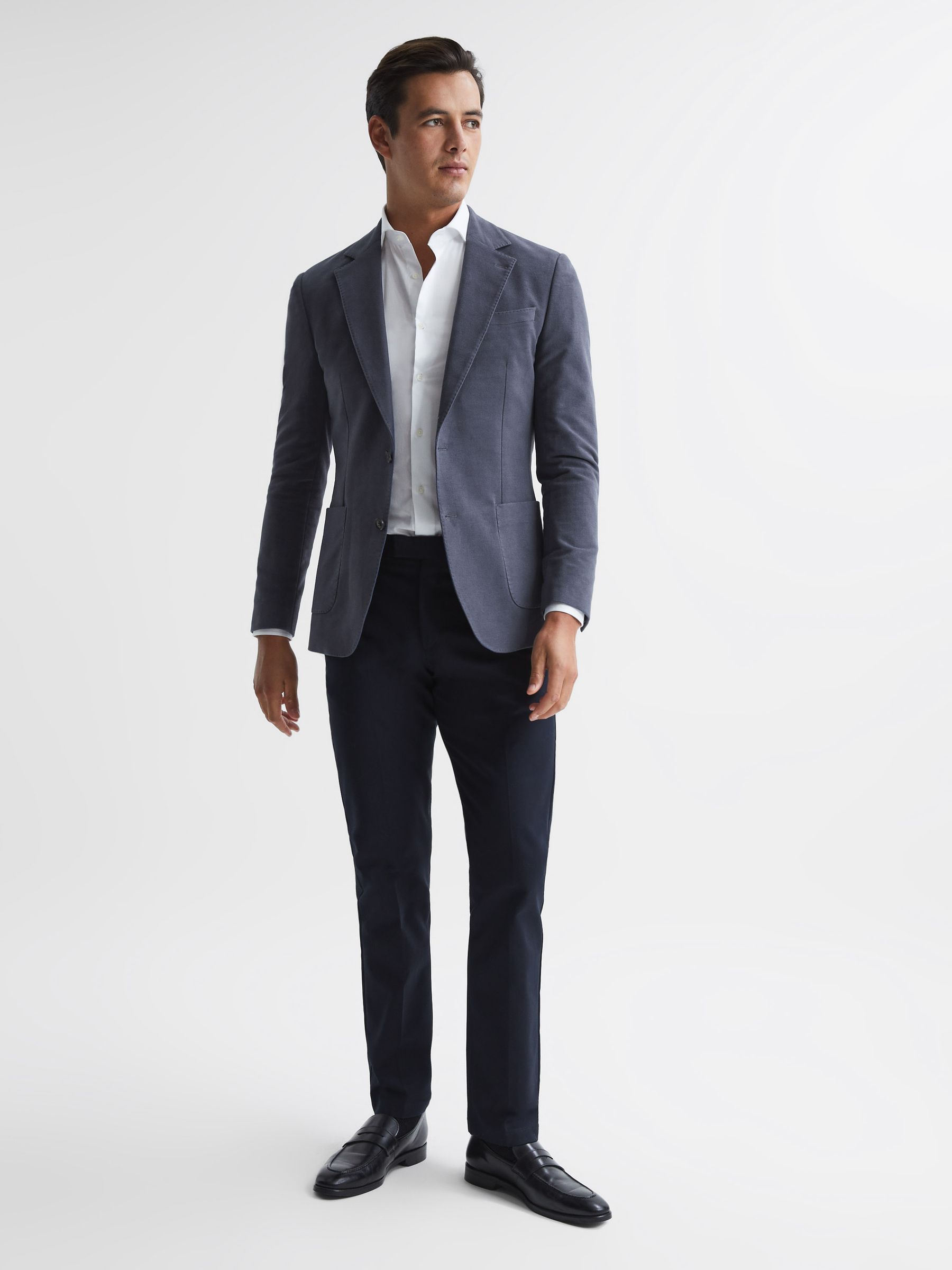 Single Breasted Slim Fit Moleskin Blazer in Airforce Blue - Image 3 of 8