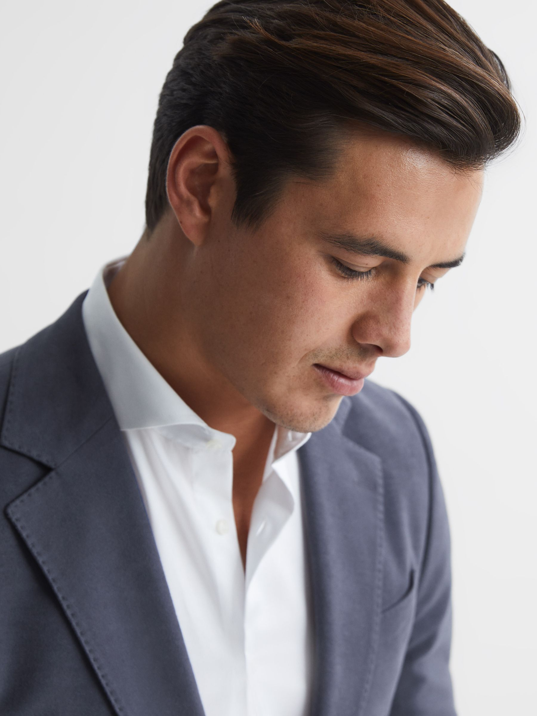 Single Breasted Slim Fit Moleskin Blazer in Airforce Blue - Image 4 of 8