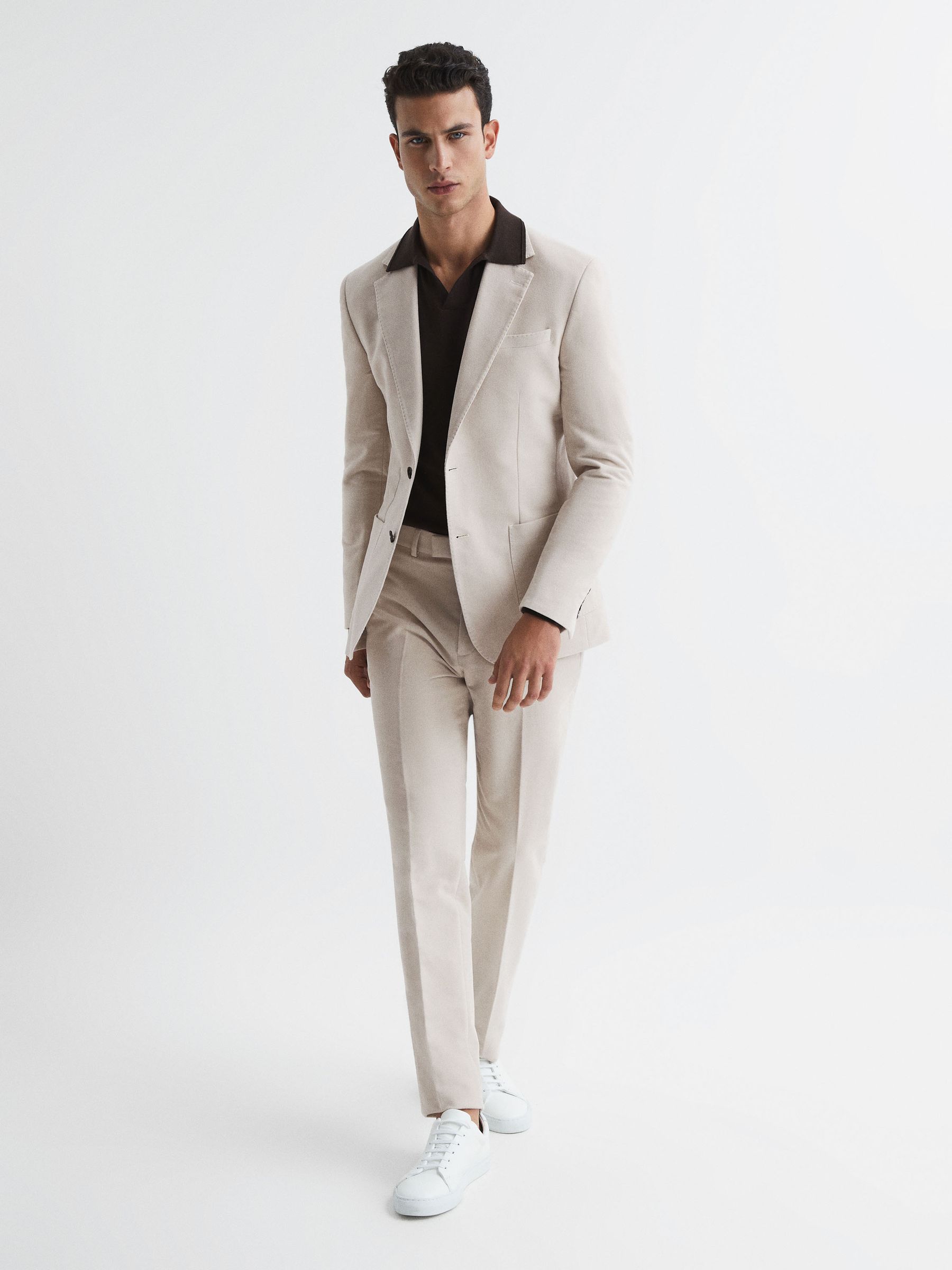 Single Breasted Slim Fit Moleskin Blazer in Stone - Image 3 of 9