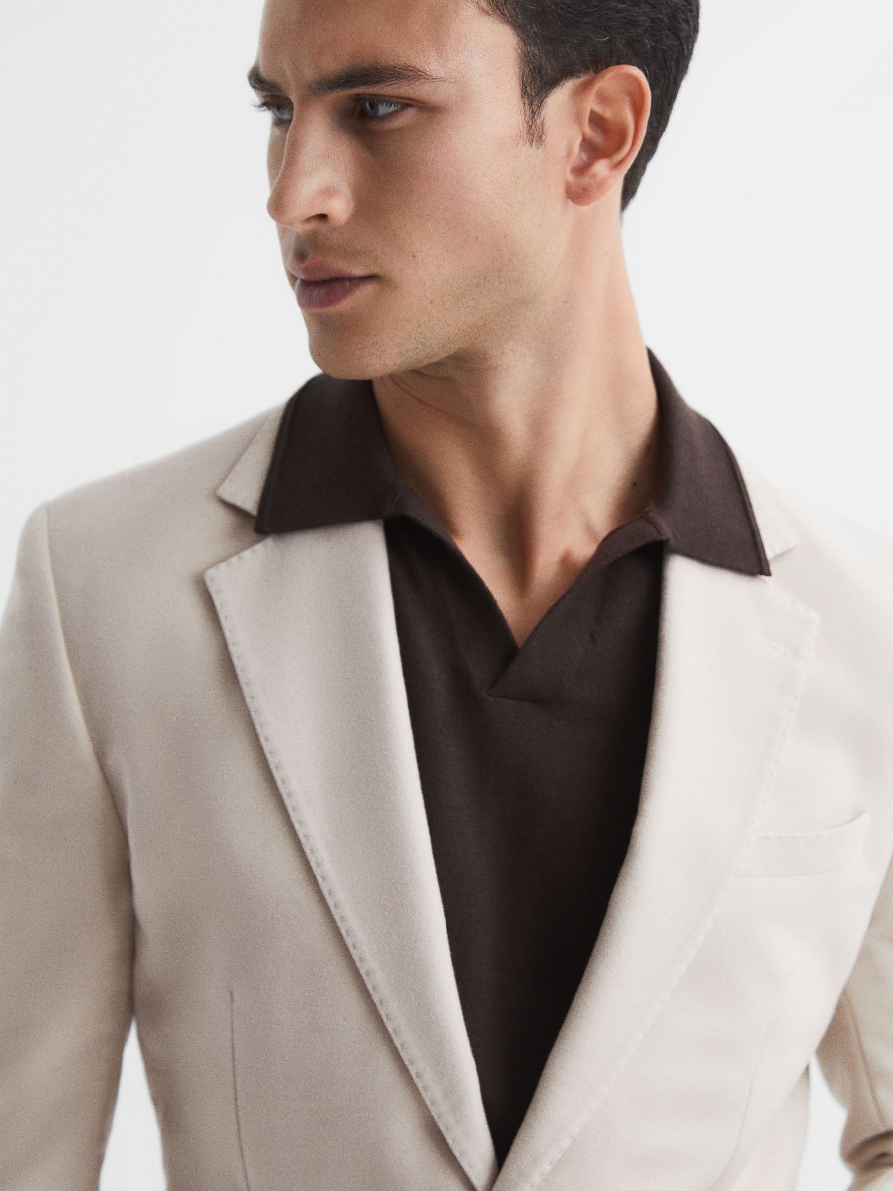 Single Breasted Slim Fit Moleskin Blazer in Stone - Image 4 of 9