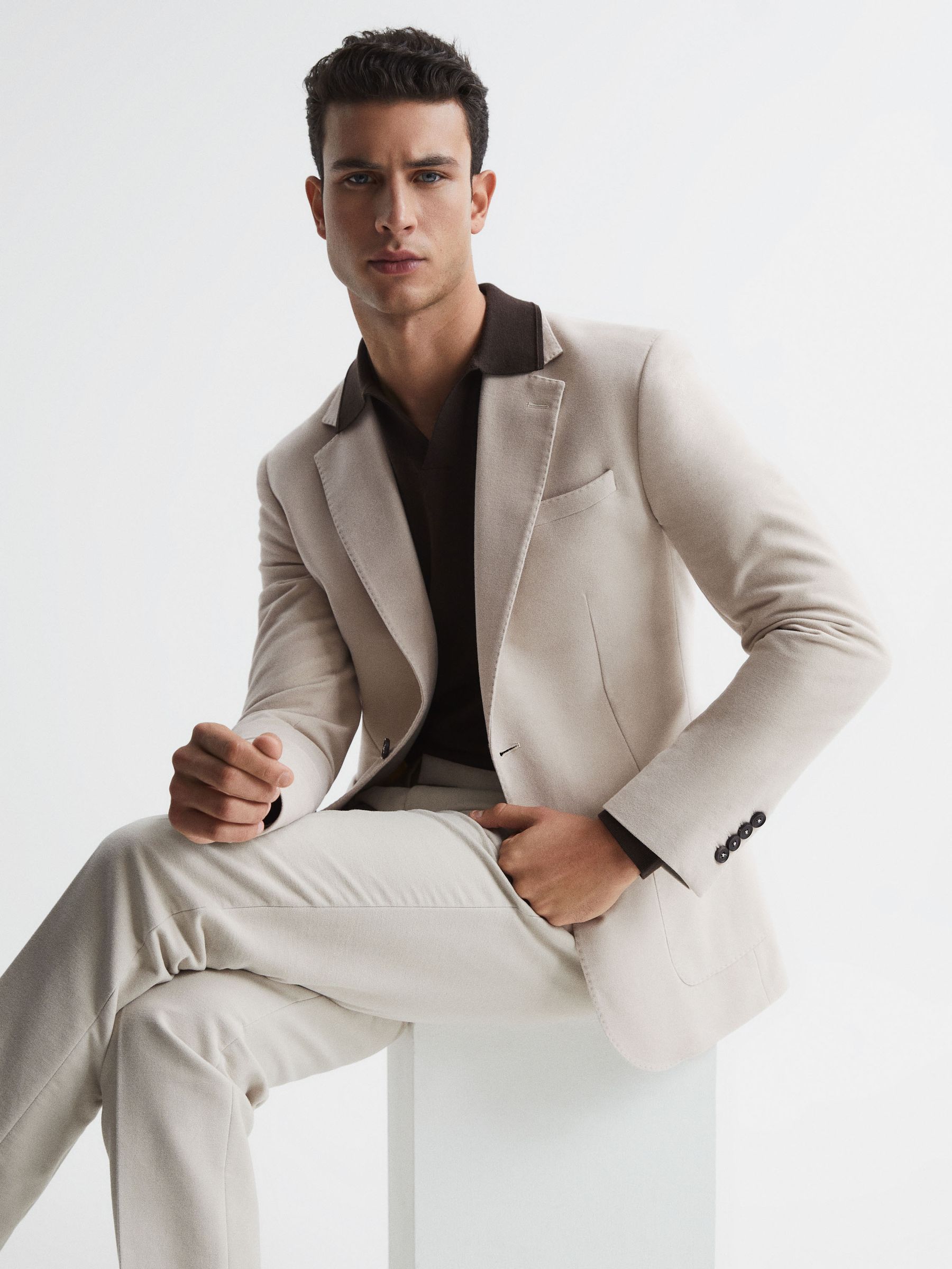 Single Breasted Slim Fit Moleskin Blazer in Stone - Image 7 of 9