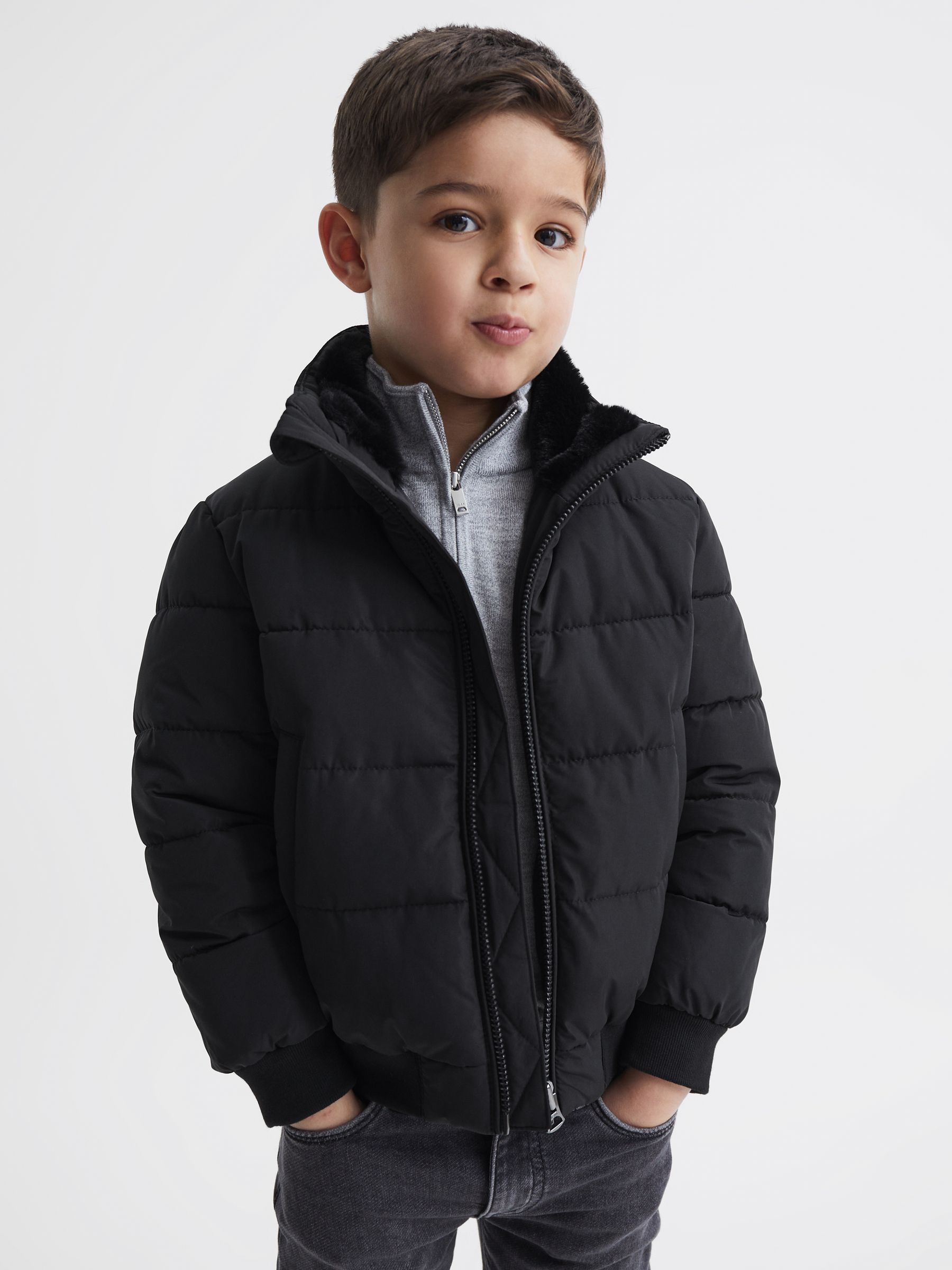 Junior Faux Fur Trim Puffer Jacket in Black - Image 1 of 7