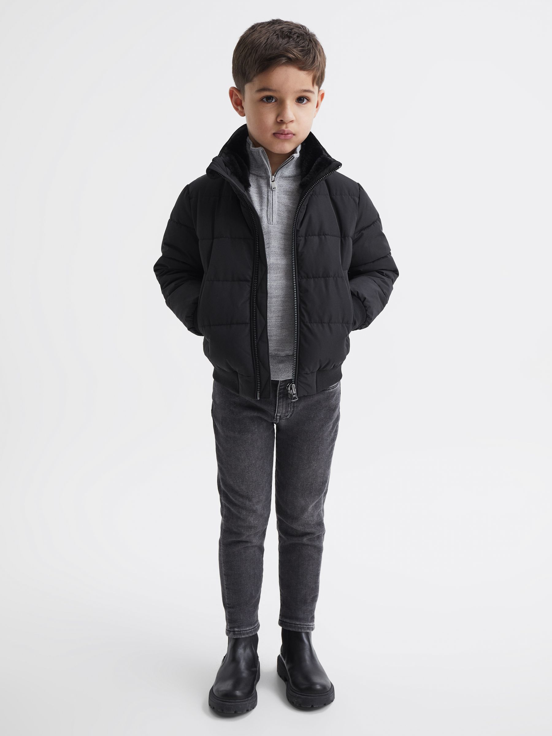Junior Faux Fur Trim Puffer Jacket in Black - Image 3 of 7