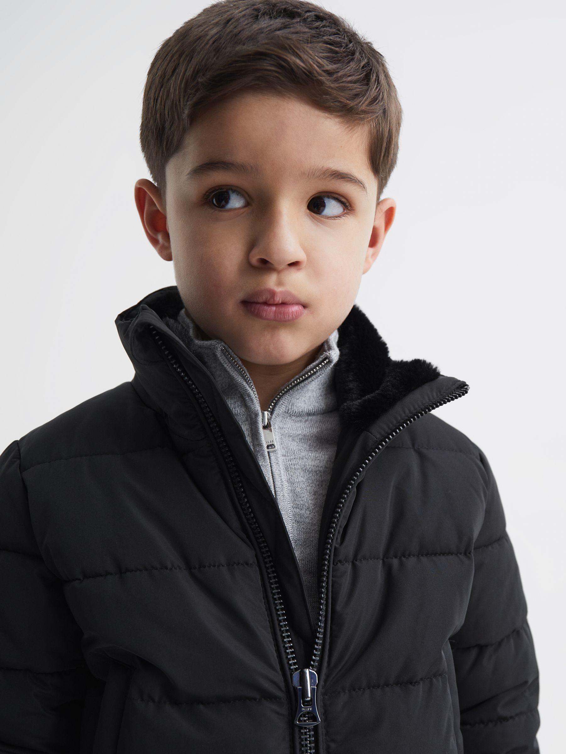 Junior Faux Fur Trim Puffer Jacket in Black - Image 6 of 7