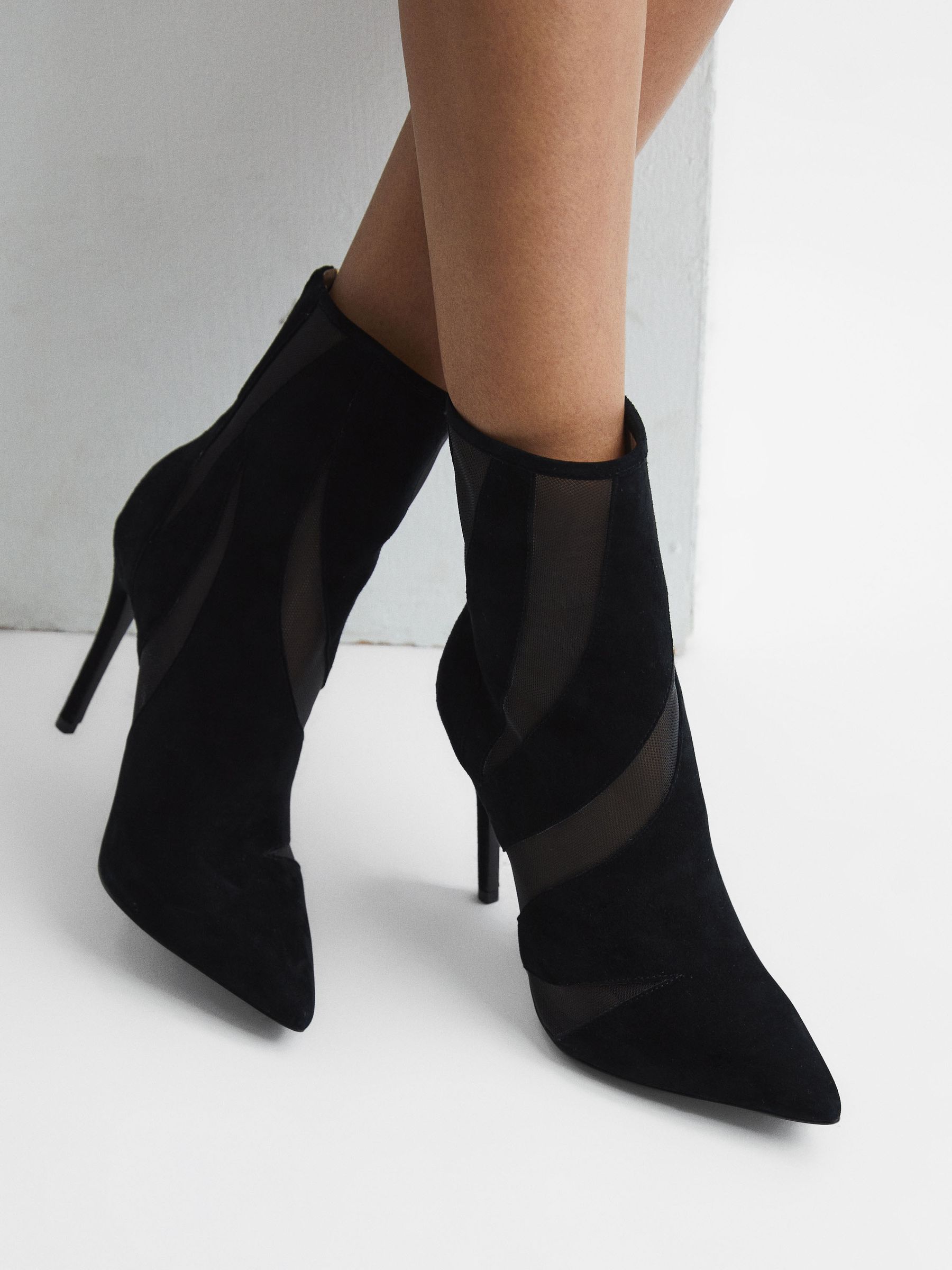 Suede Sheer Heeled Ankle Boots in Black - Image 4 of 6