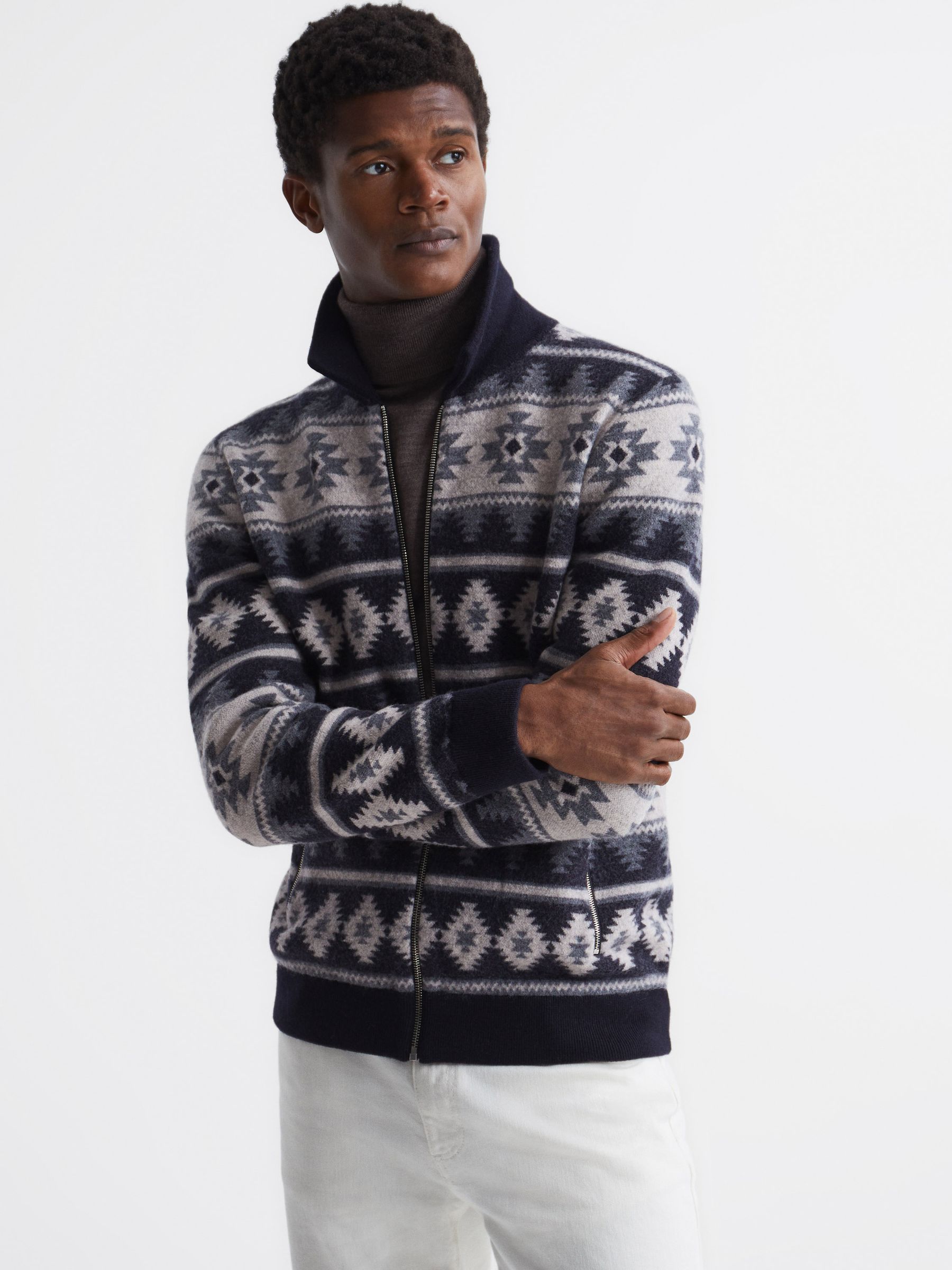 Navajo Print Zip-Through Jumper in Navy - Image 1 of 8