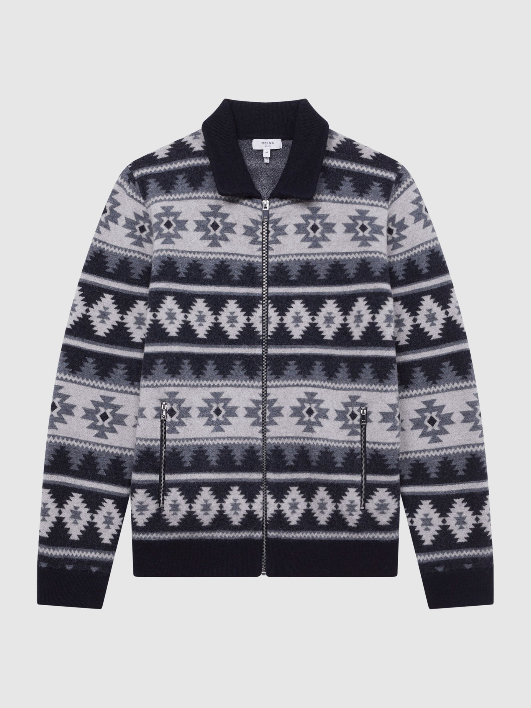 Navajo Print Zip-Through Jumper in Navy - Image 2 of 8 Navajo Print Zip-Through Jumper in Navy - Image 2 of 8