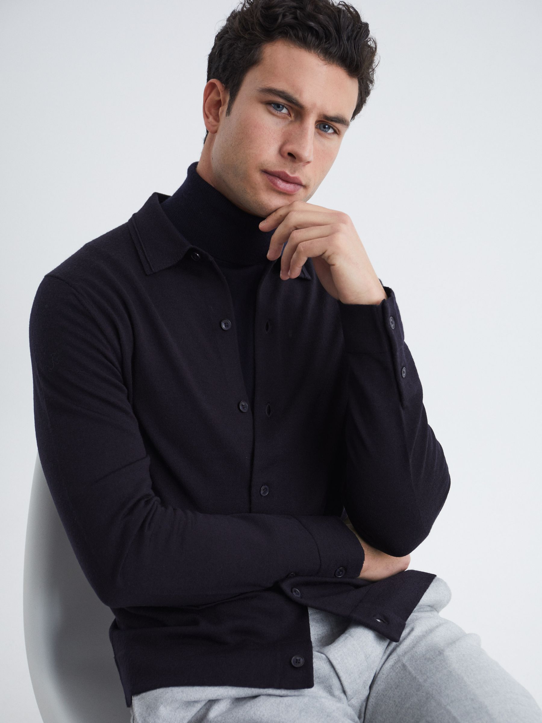 Merino Wool Button-Through Cardigan in Navy - Image 1 of 8