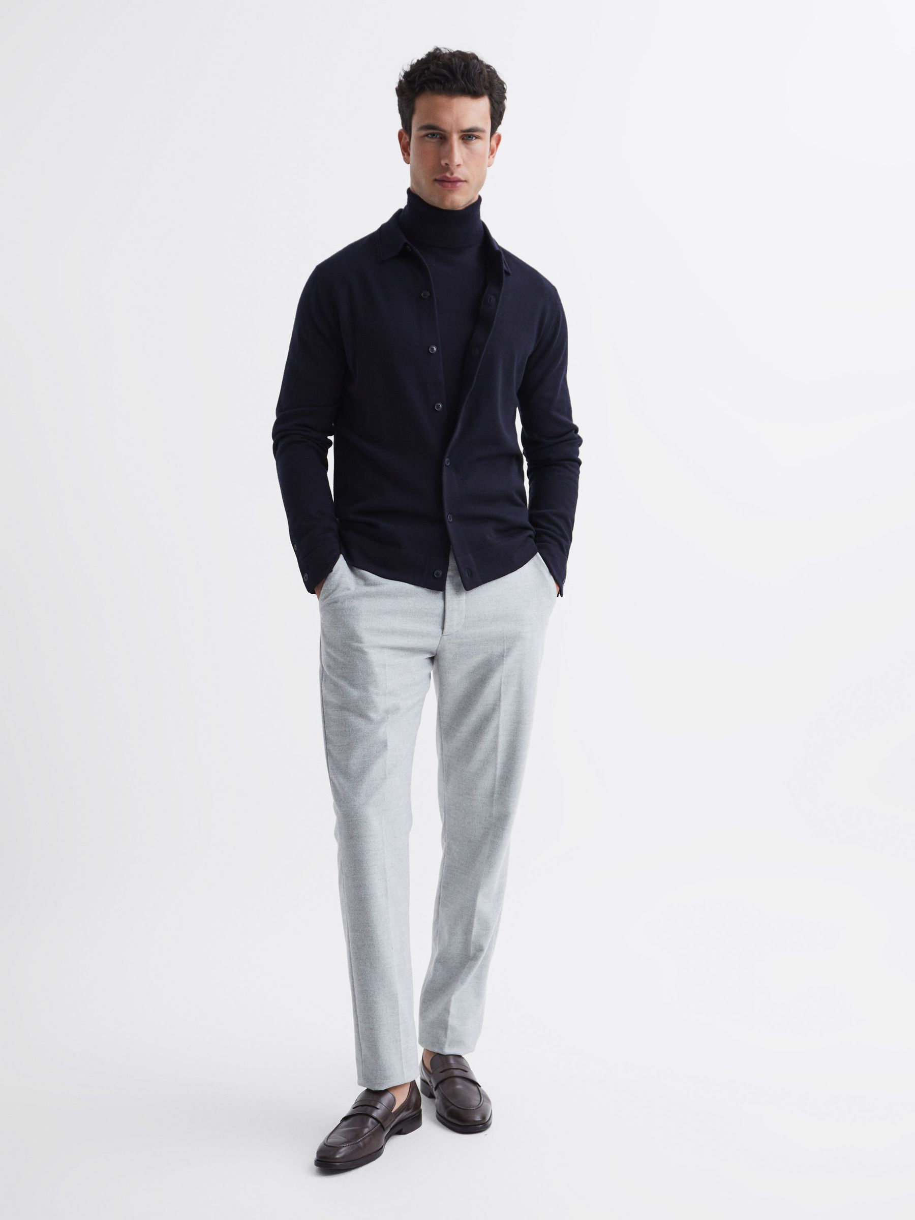 Merino Wool Button-Through Cardigan in Navy - Image 3 of 8