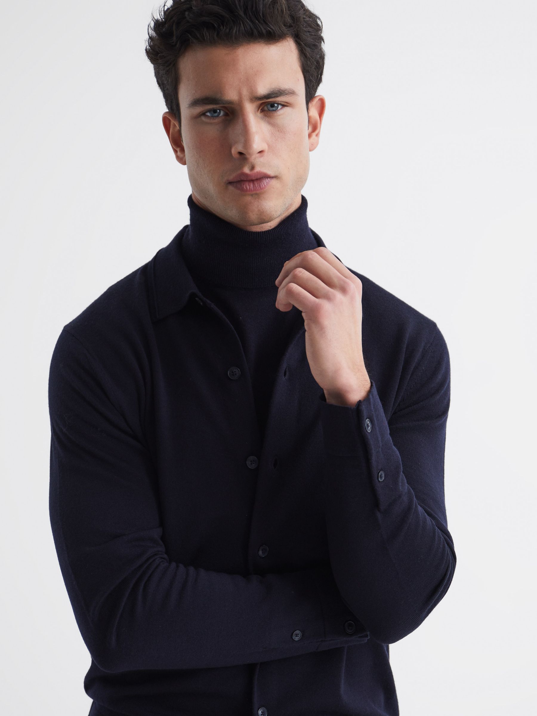 Merino Wool Button-Through Cardigan in Navy - Image 4 of 8