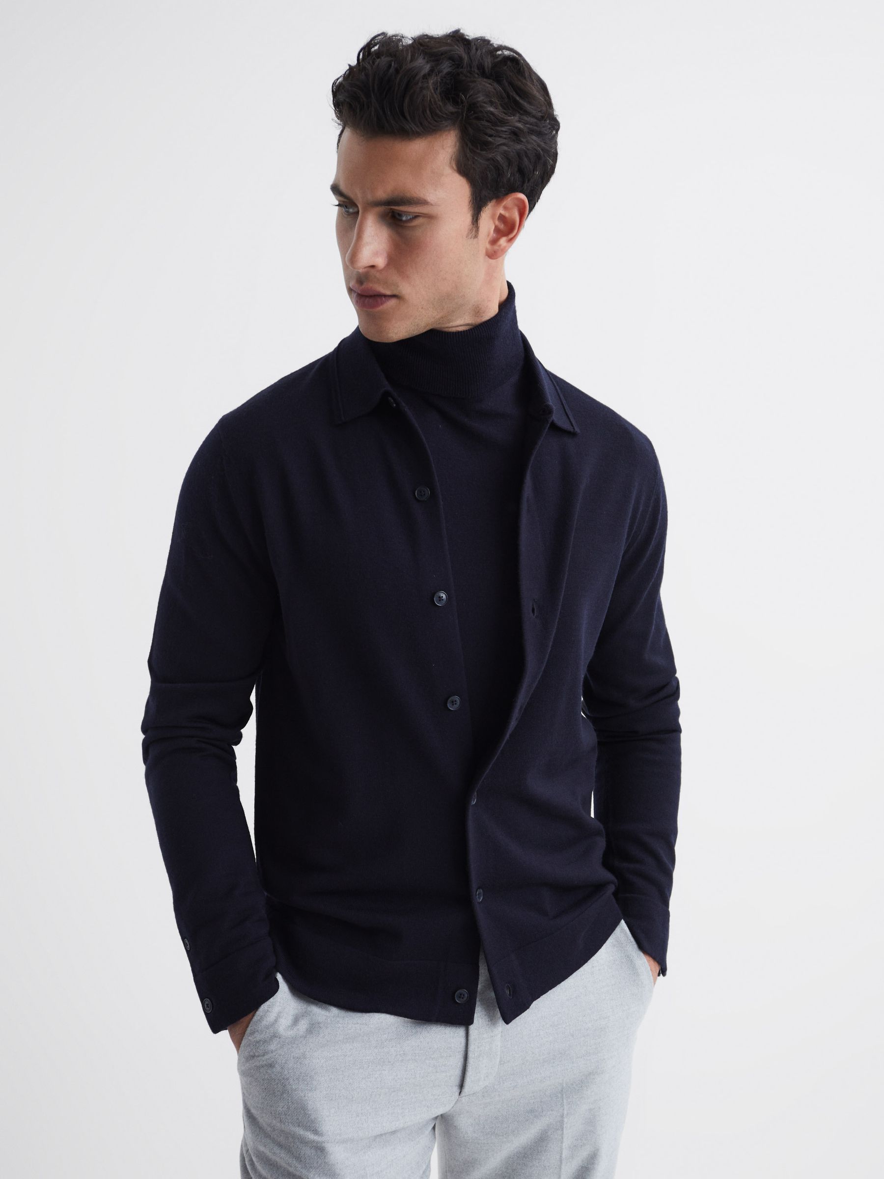 Merino Wool Button-Through Cardigan in Navy - Image 6 of 8