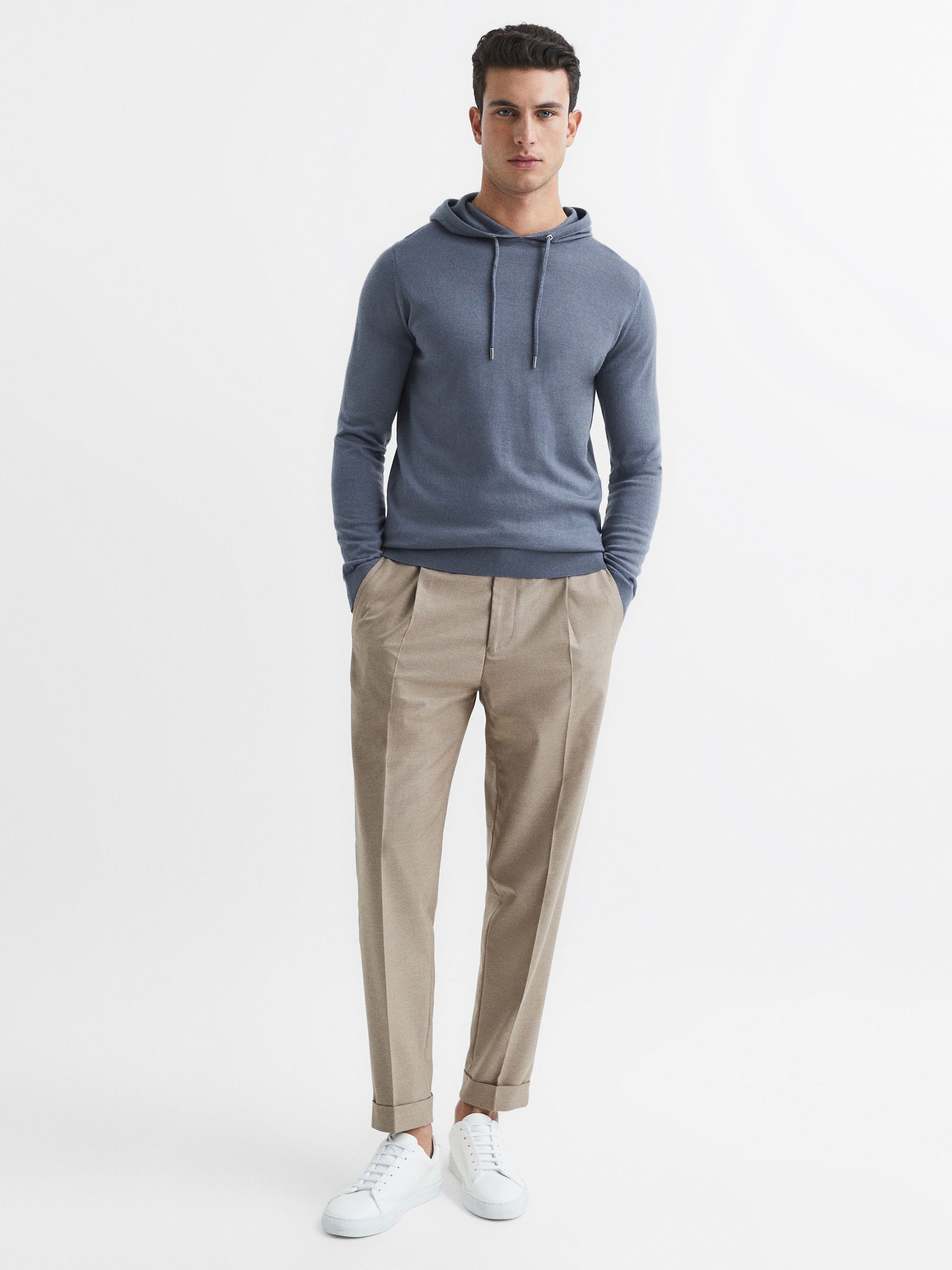 Merino Wool Drawstring Hoodie in Nickel Blue - Image 3 of 7
