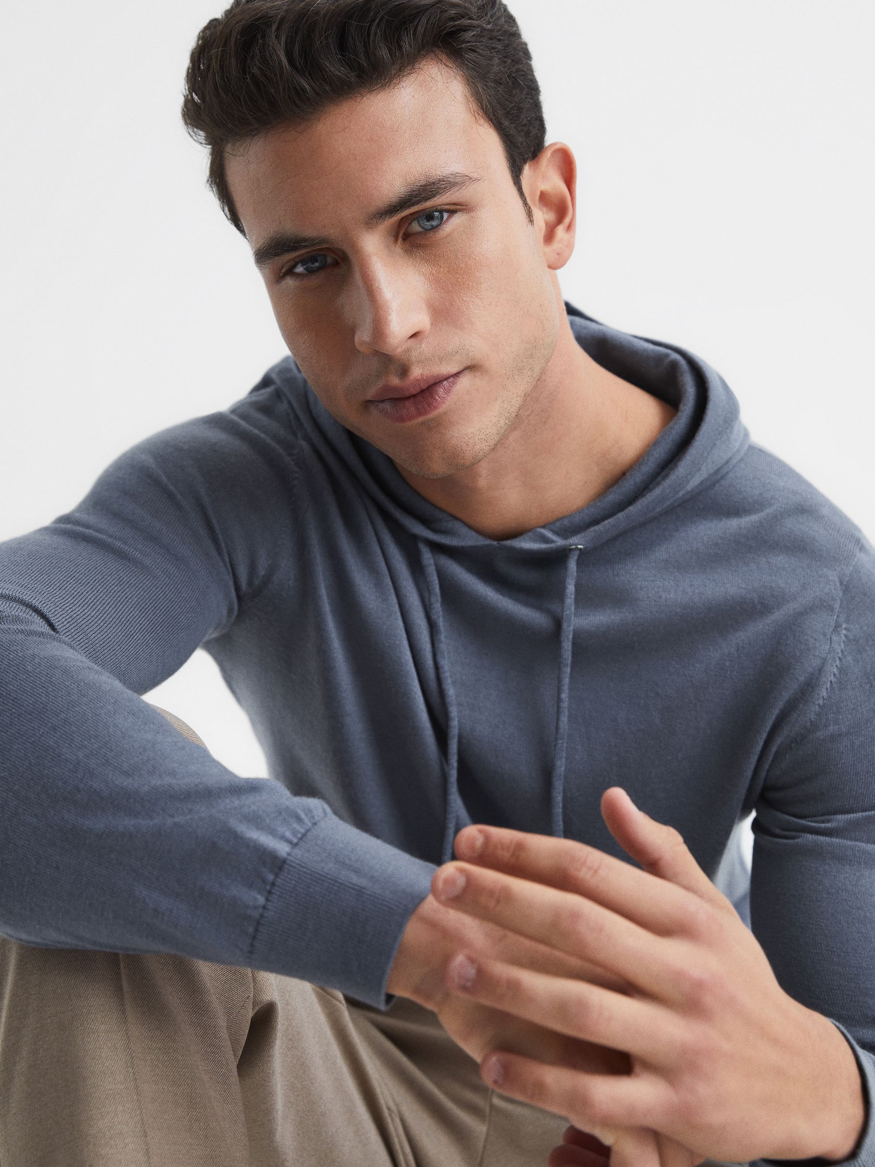 Merino Wool Drawstring Hoodie in Nickel Blue - Image 5 of 7