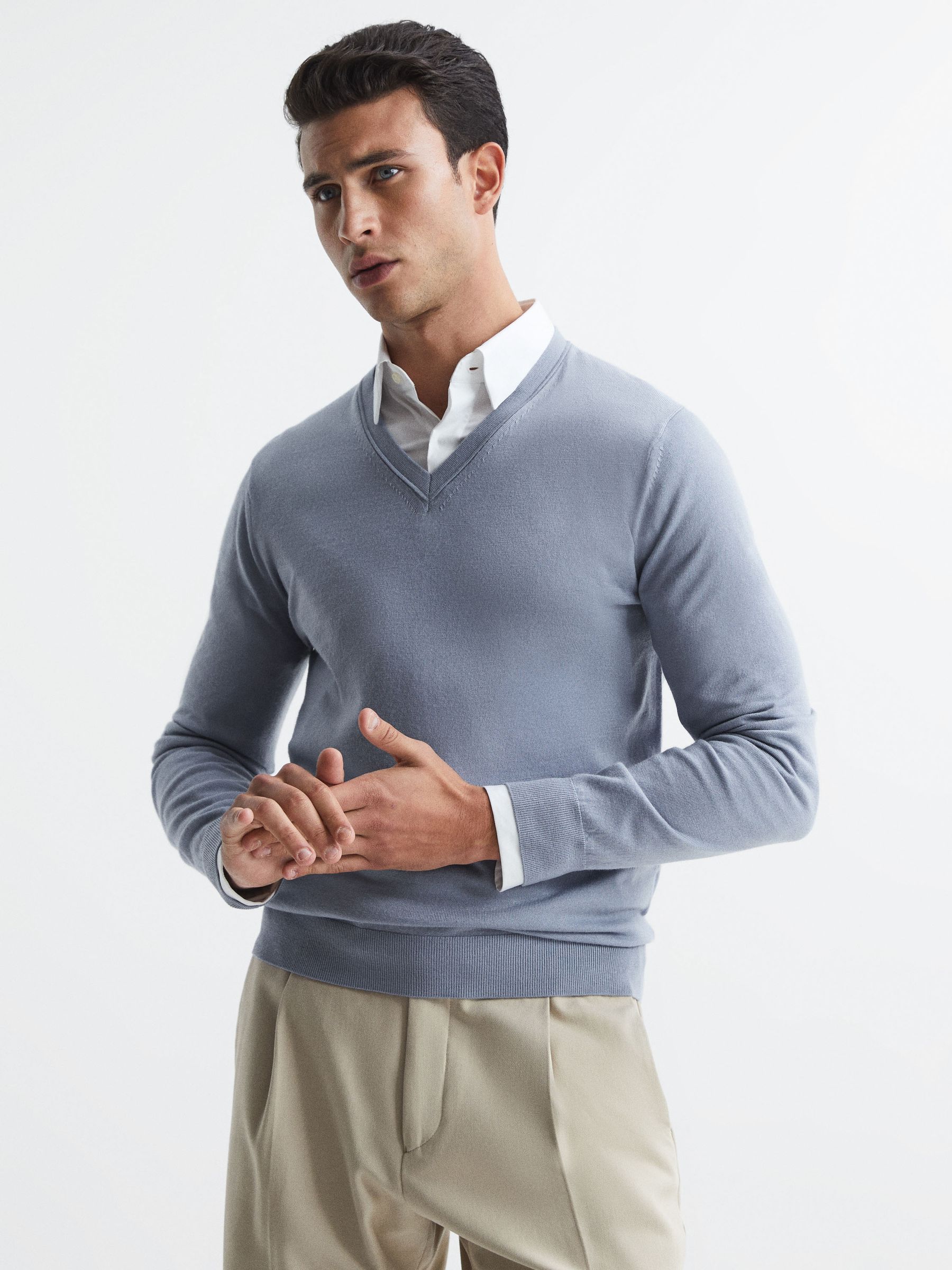 Merino Wool V-Neck Jumper in Dove Blue - Image 1 of 6