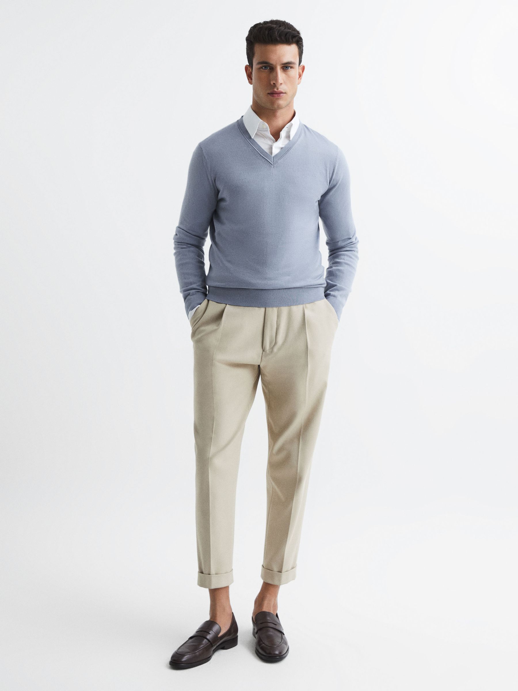 Merino Wool V-Neck Jumper in Dove Blue - Image 3 of 6