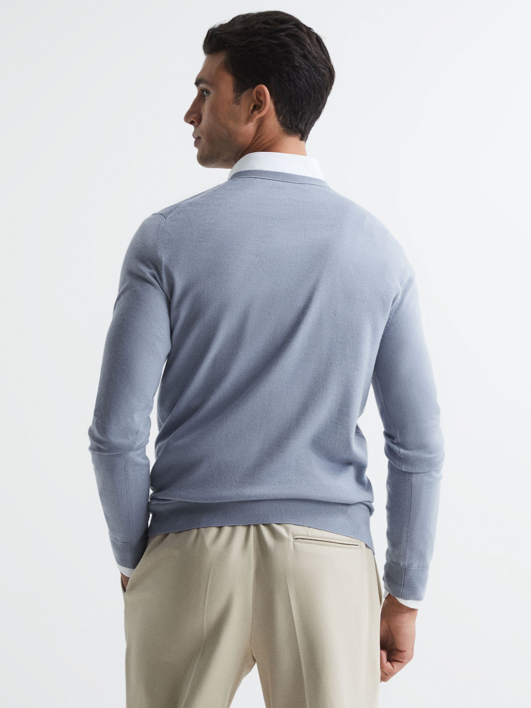 Merino Wool V-Neck Jumper in Dove Blue - Image 5 of 6