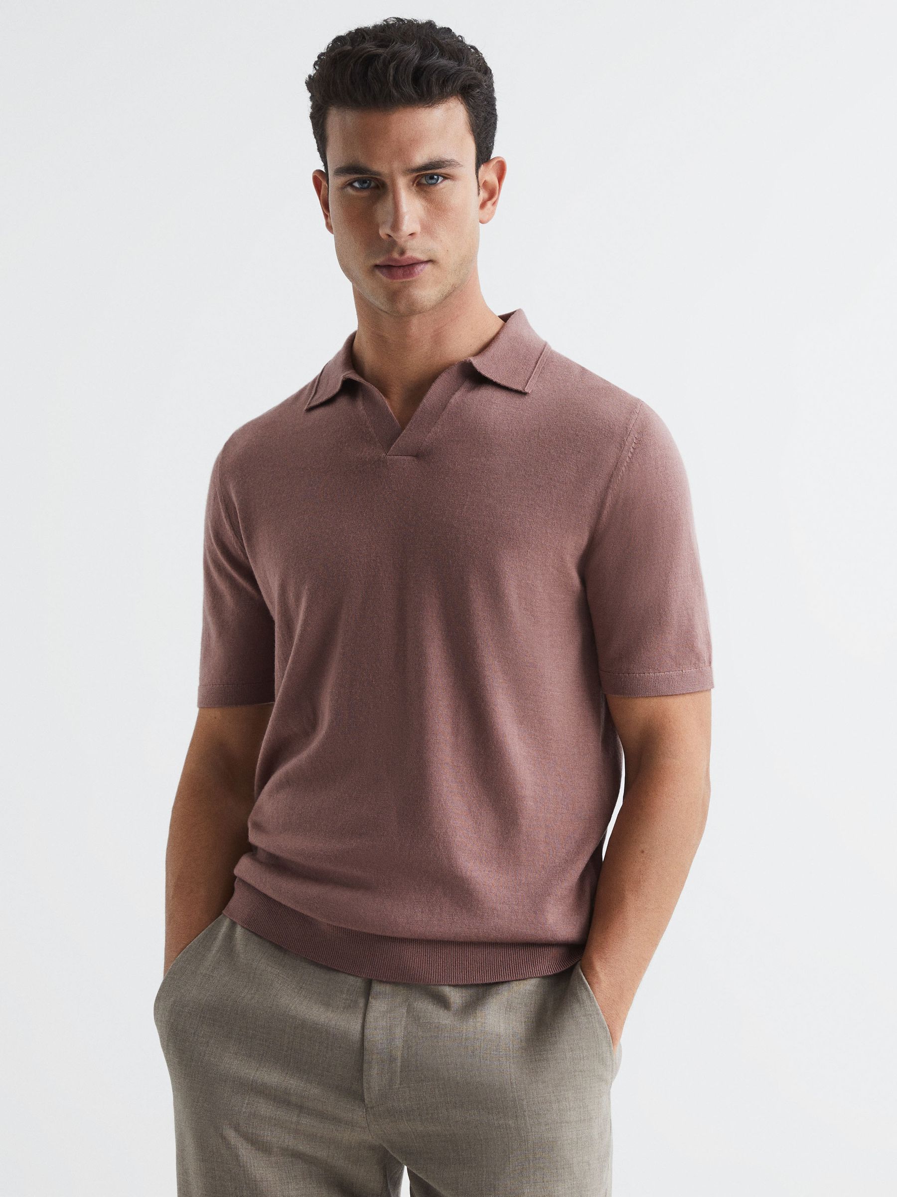 Merino Wool Open Collar Polo Shirt in Woodrose - Image 1 of 7