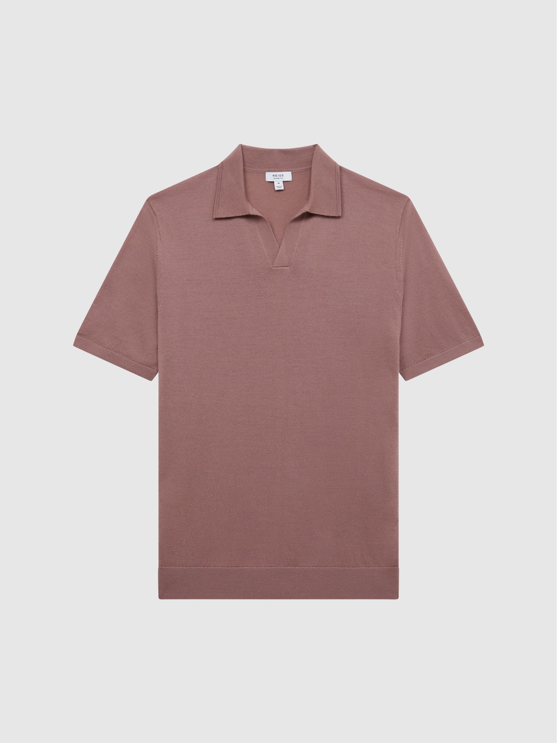 Merino Wool Open Collar Polo Shirt in Woodrose - Image 2 of 7