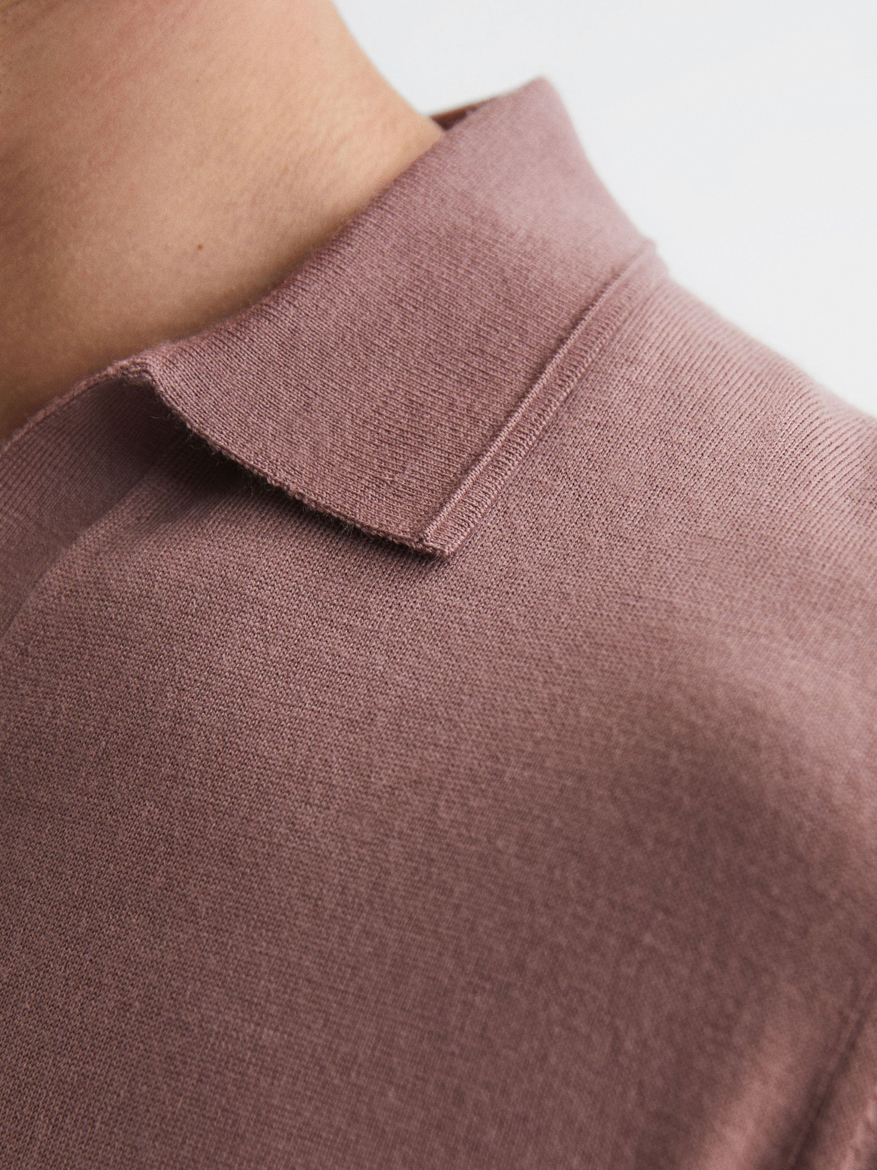 Merino Wool Open Collar Polo Shirt in Woodrose - Image 6 of 7
