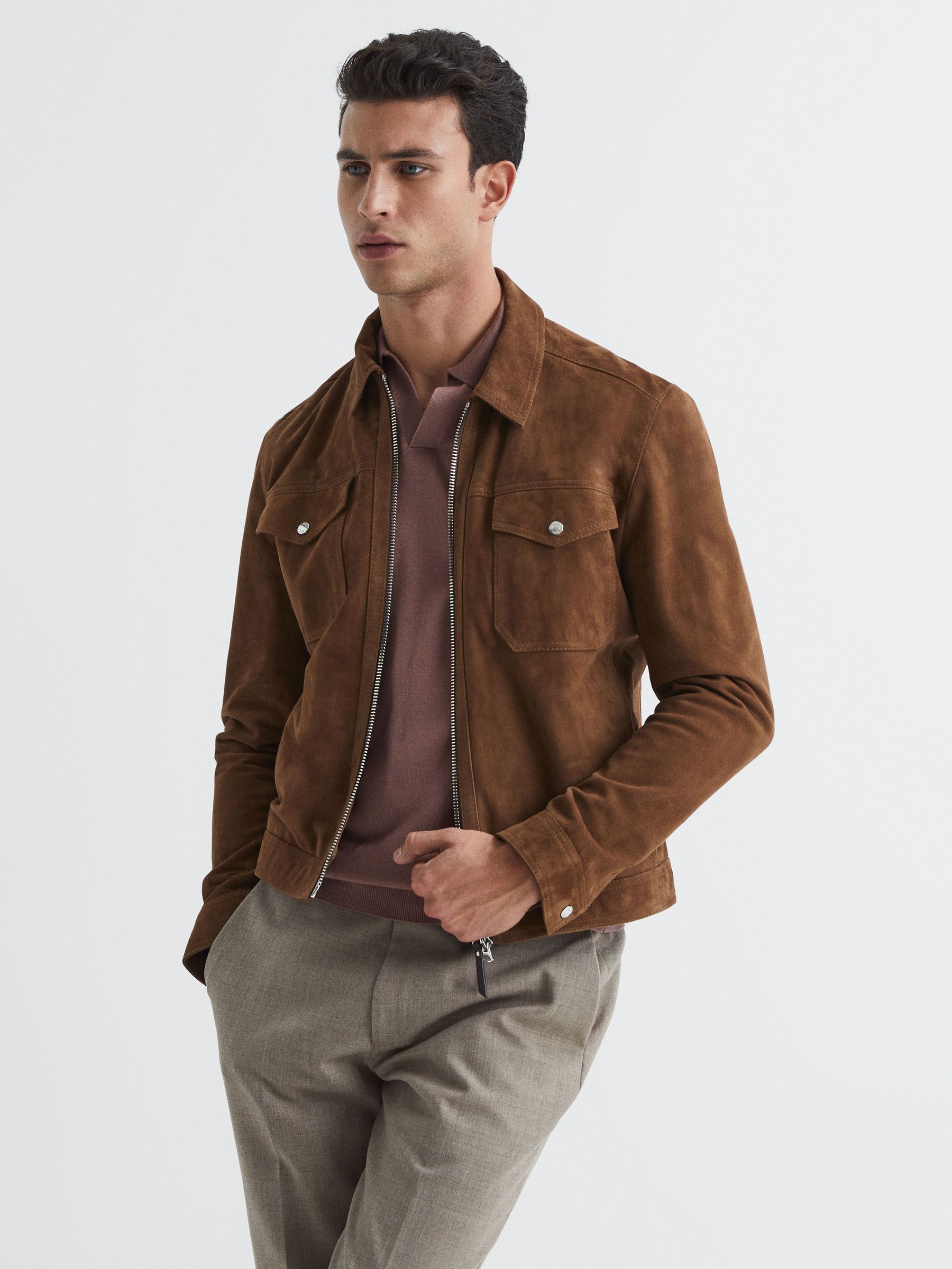 Merino Wool Open Collar Polo Shirt in Woodrose - Image 7 of 7