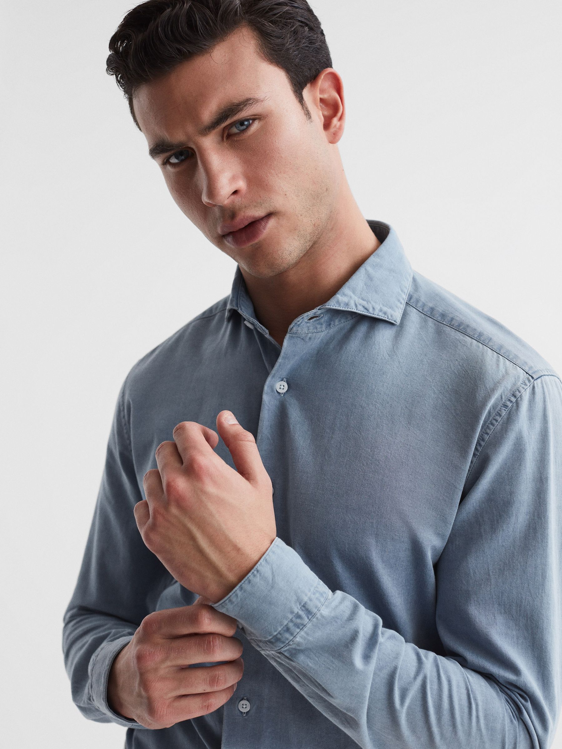 Washed Chambray Shirt in Blue - Image 4 of 6