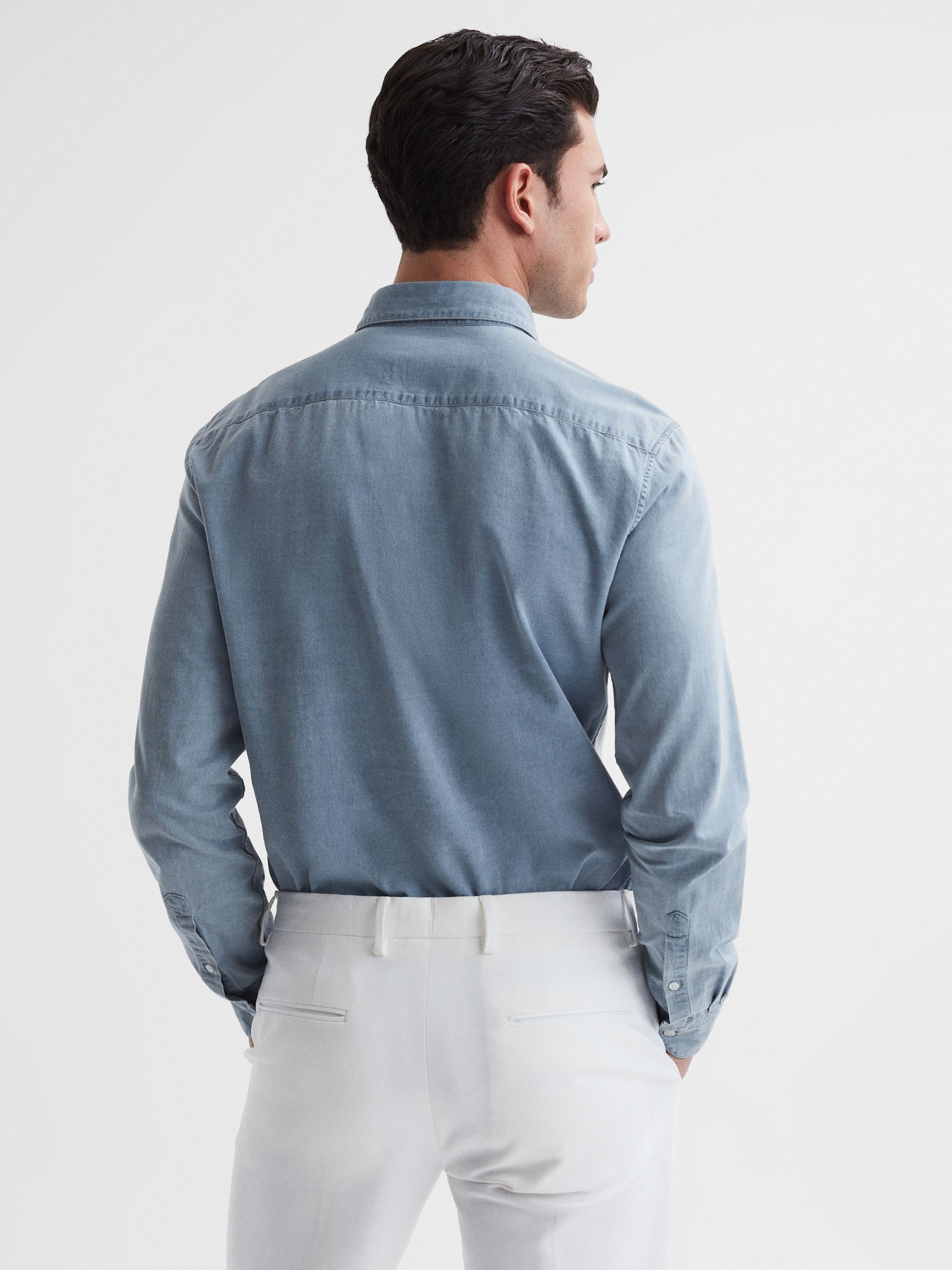 Washed Chambray Shirt in Blue - Image 5 of 6