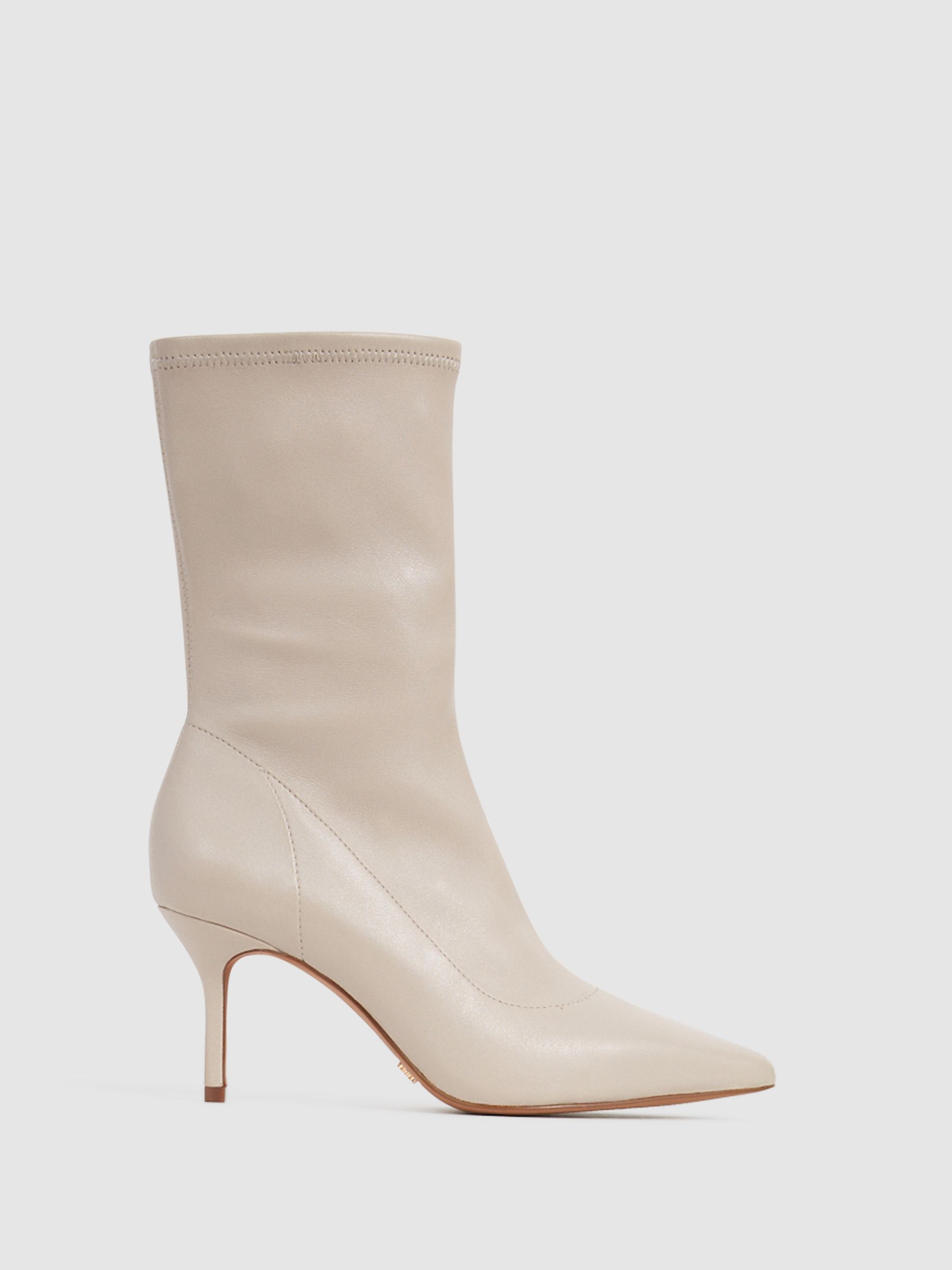 Pointed Kitten Heel Leather Boots in Stone - Image 1 of 6 Pointed Kitten Heel Leather Boots in Stone - Image 1 of 6
