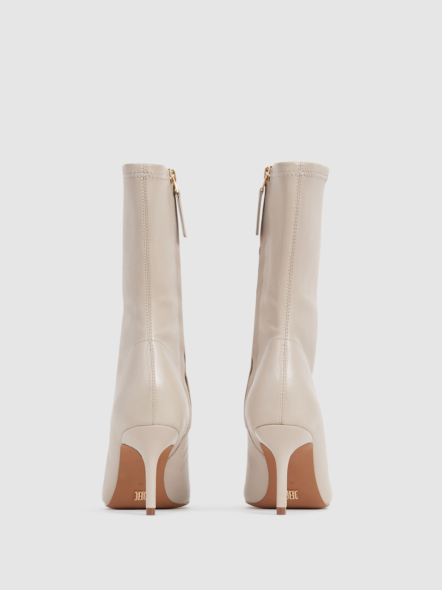 Pointed Kitten Heel Leather Boots in Stone - Image 4 of 6