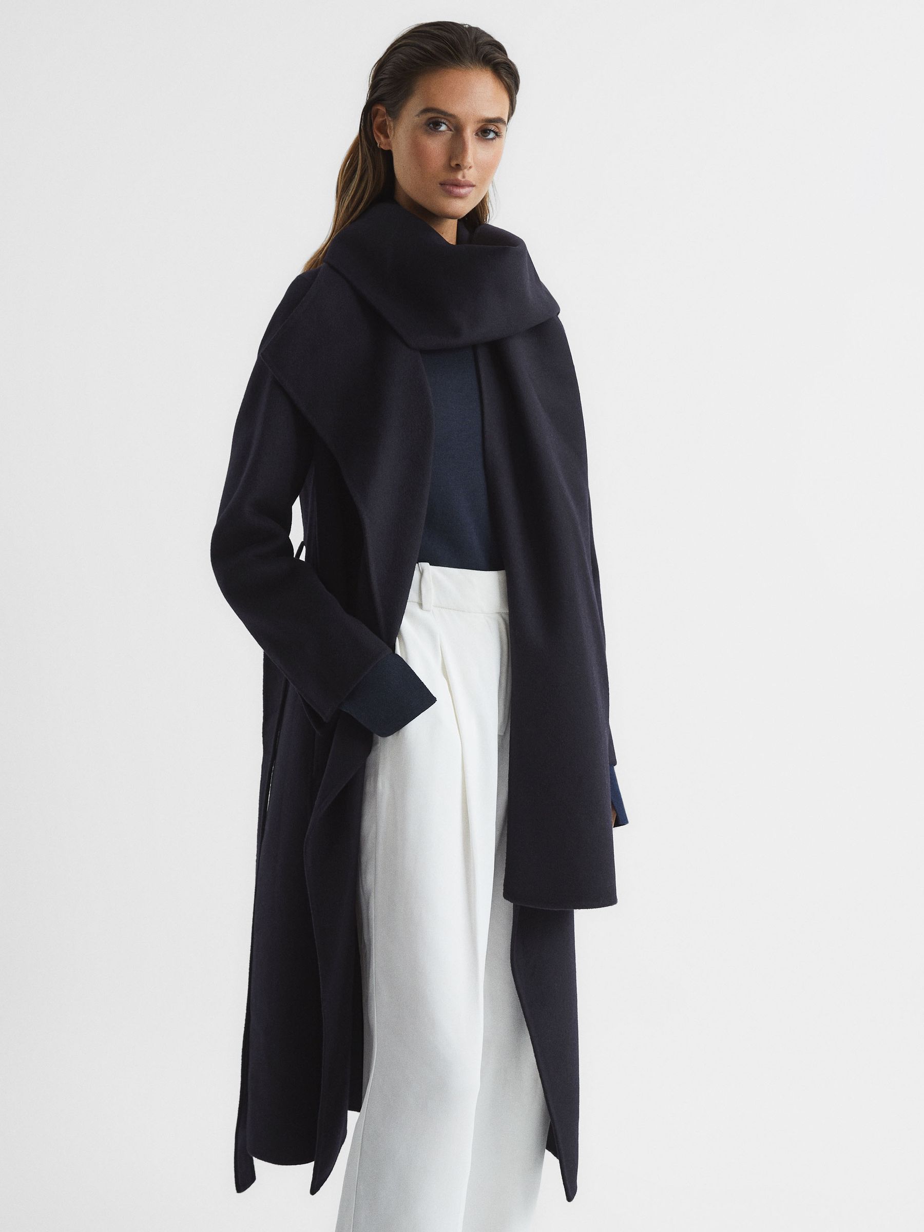 Wool Scarf Blindseam Longline Coat in Navy - Image 1 of 8