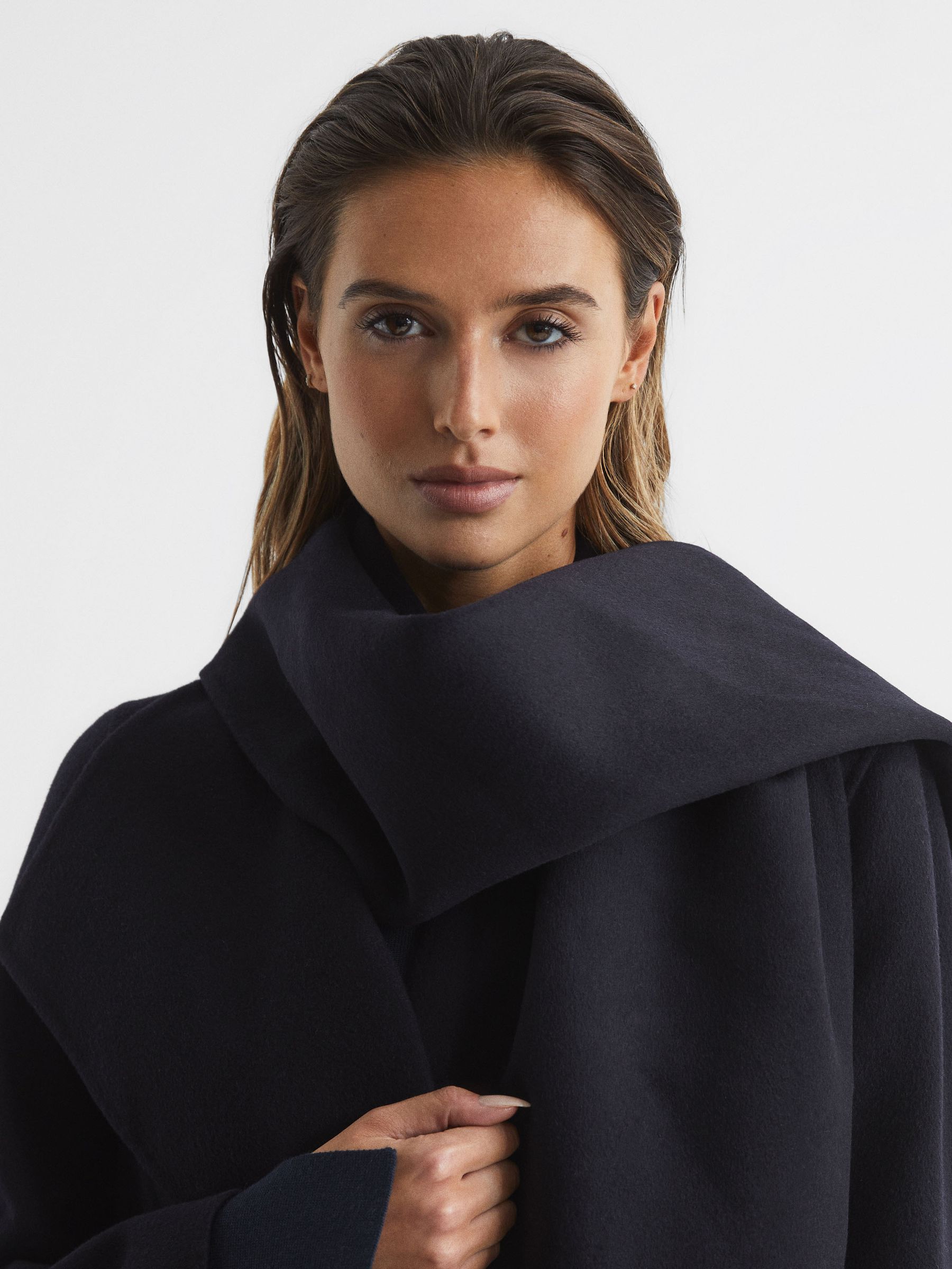 Wool Scarf Blindseam Longline Coat in Navy - Image 4 of 8