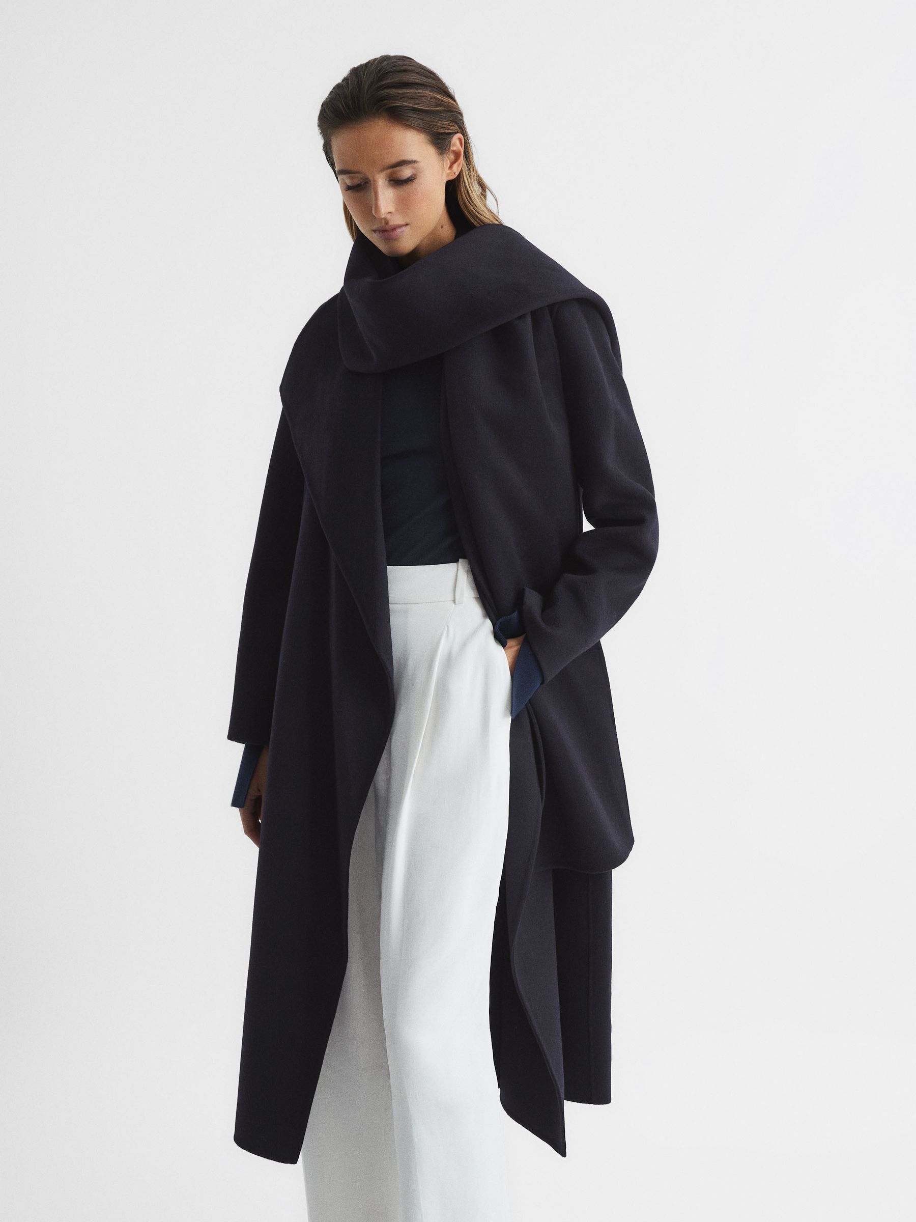 Wool Scarf Blindseam Longline Coat in Navy - Image 6 of 8