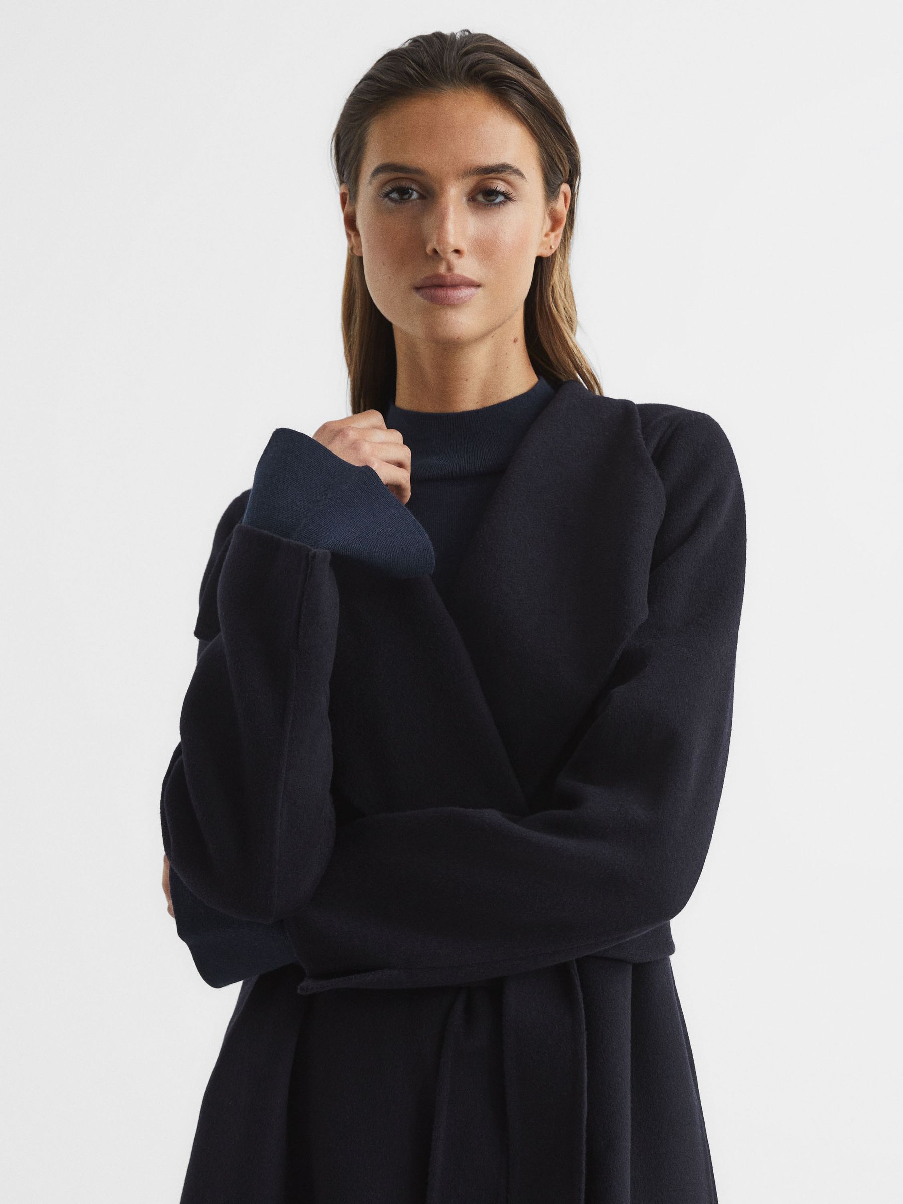 Wool Scarf Blindseam Longline Coat in Navy - Image 7 of 8