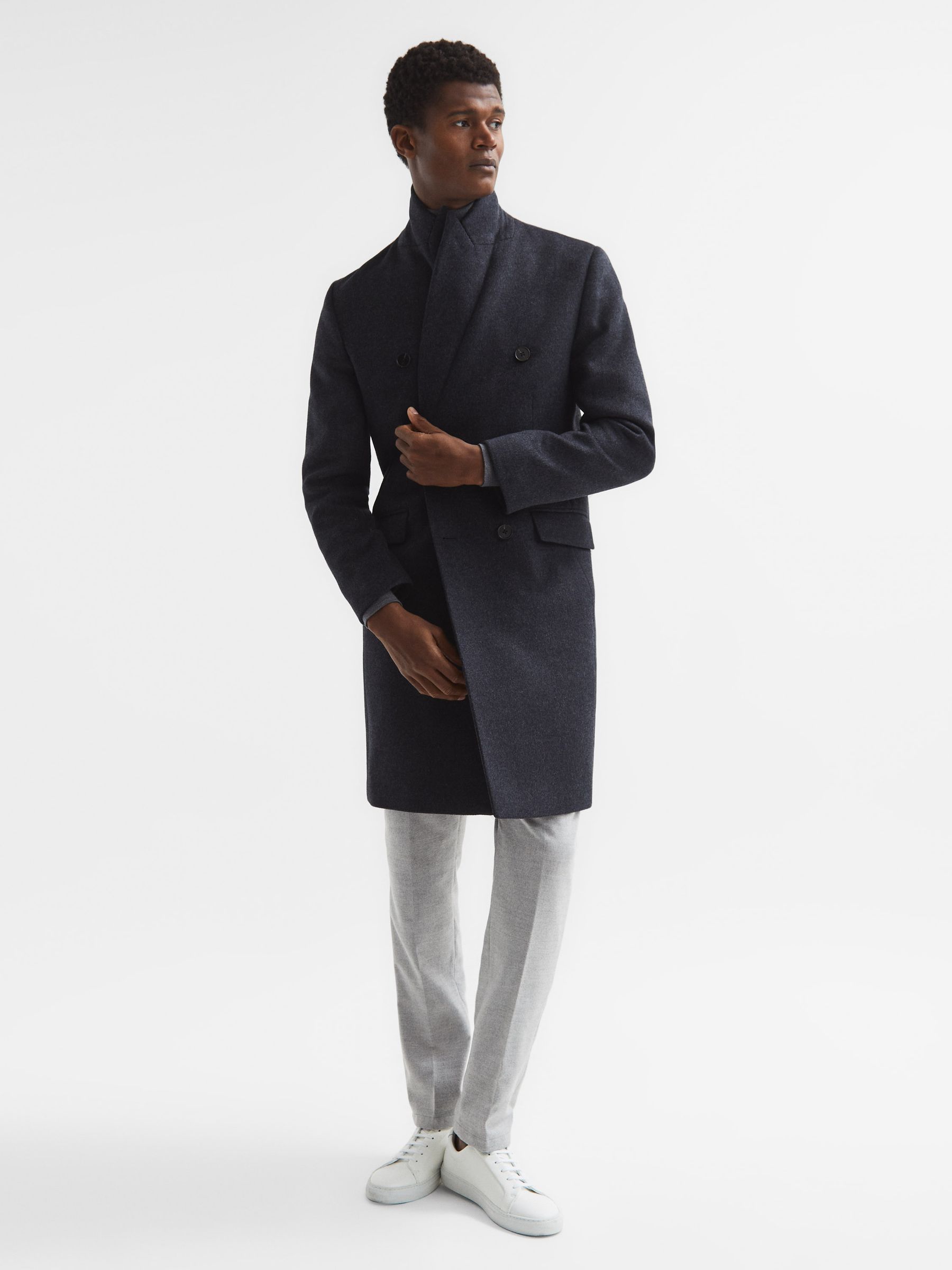 Double Breasted Long Wool Overcoat in Airforce Blue Melange - Image 4 of 8