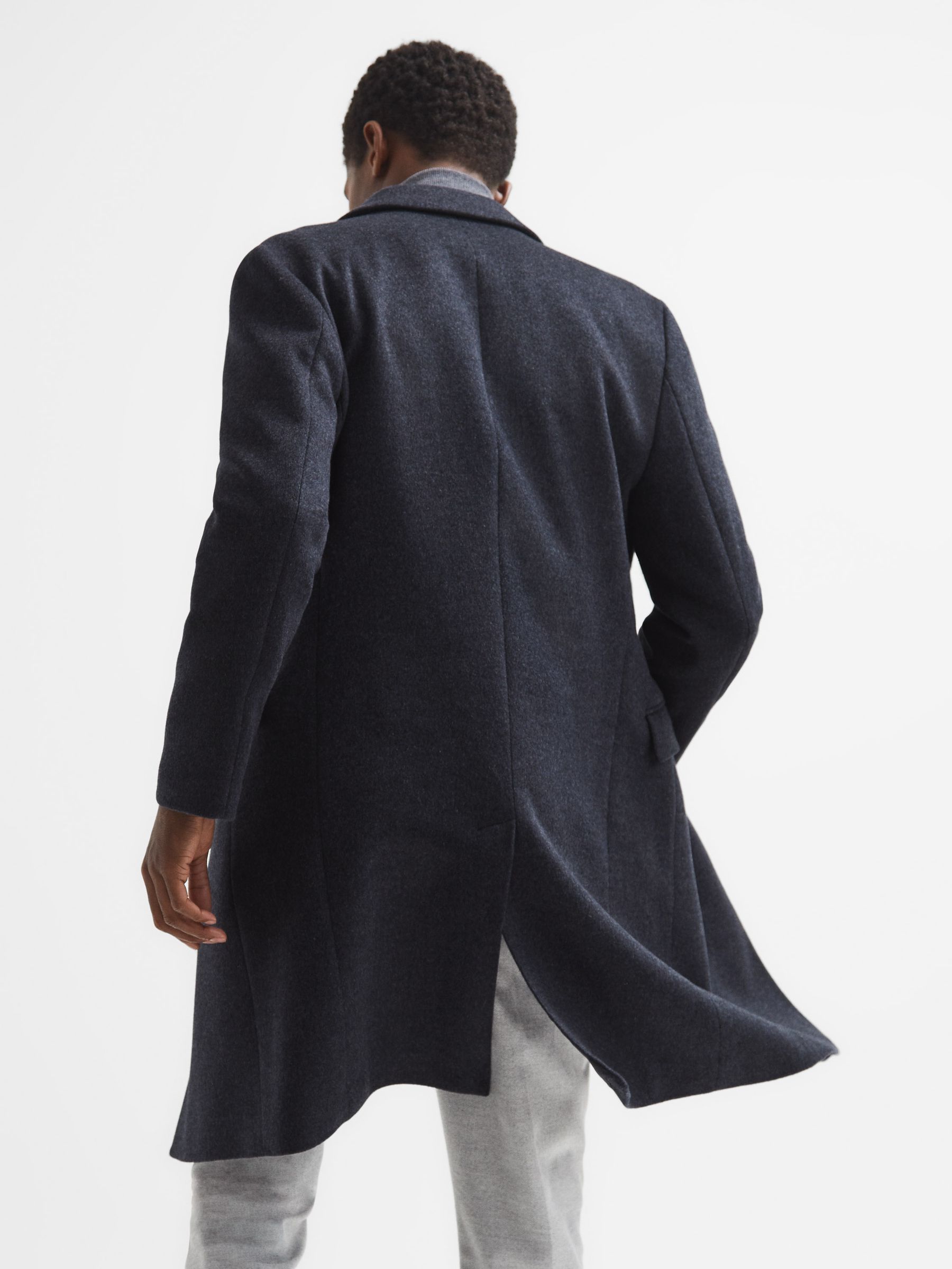 Double Breasted Long Wool Overcoat in Airforce Blue Melange - Image 5 of 8