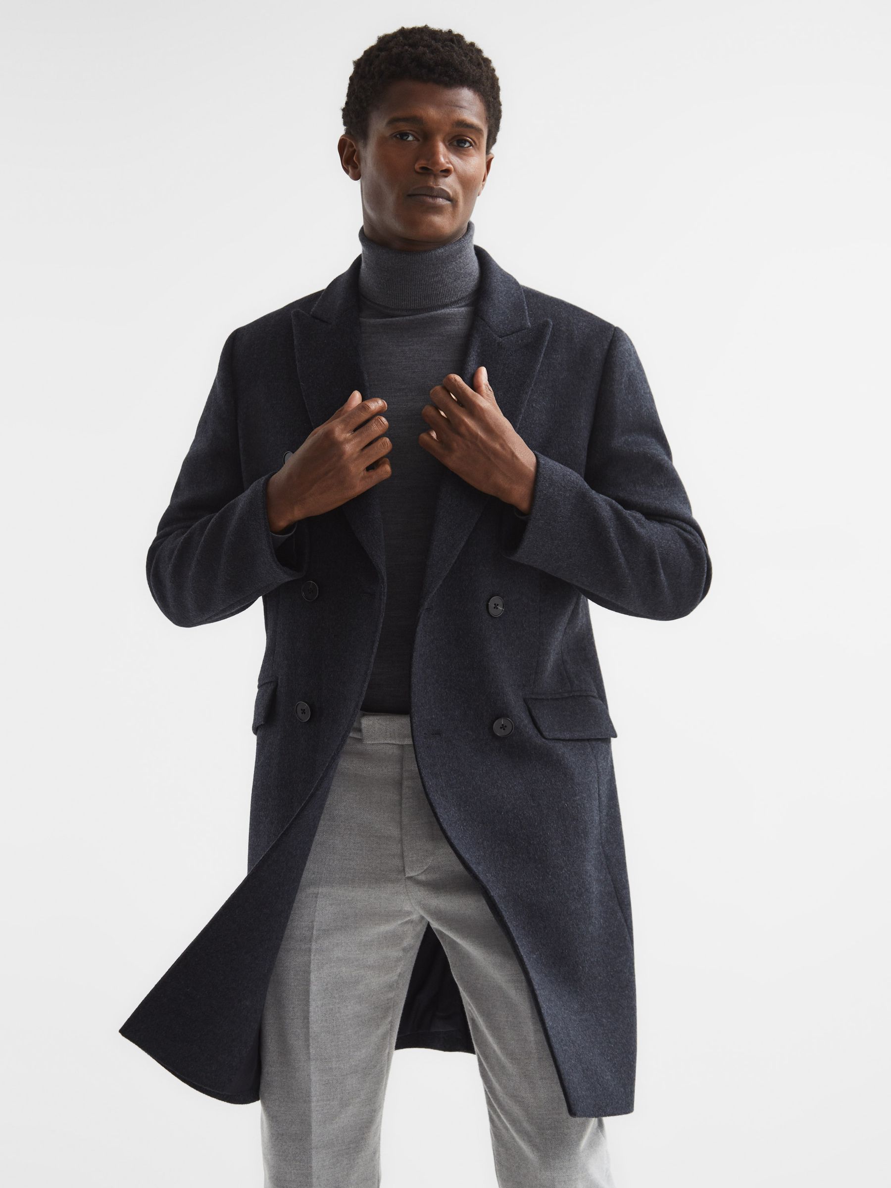 Double Breasted Long Wool Overcoat in Airforce Blue Melange - Image 6 of 8