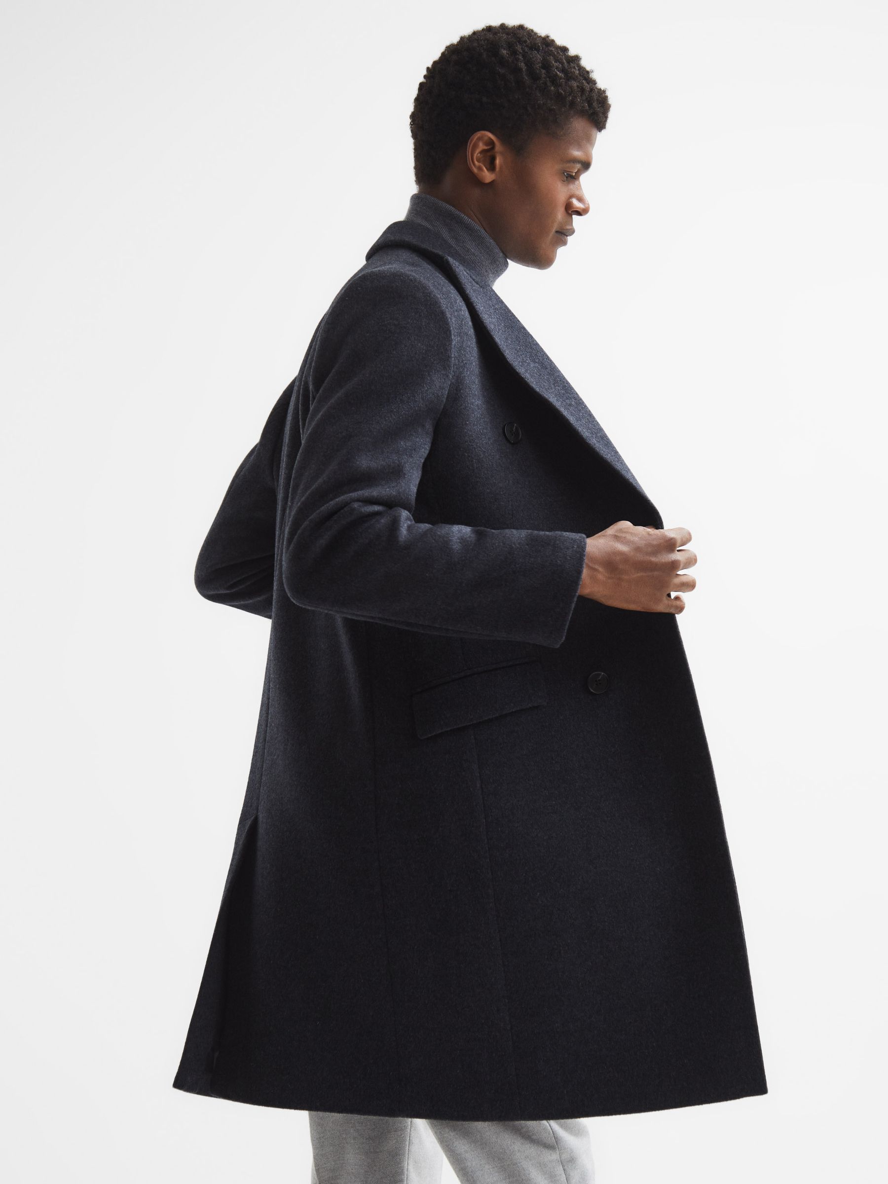 Double Breasted Long Wool Overcoat in Airforce Blue Melange - Image 7 of 8