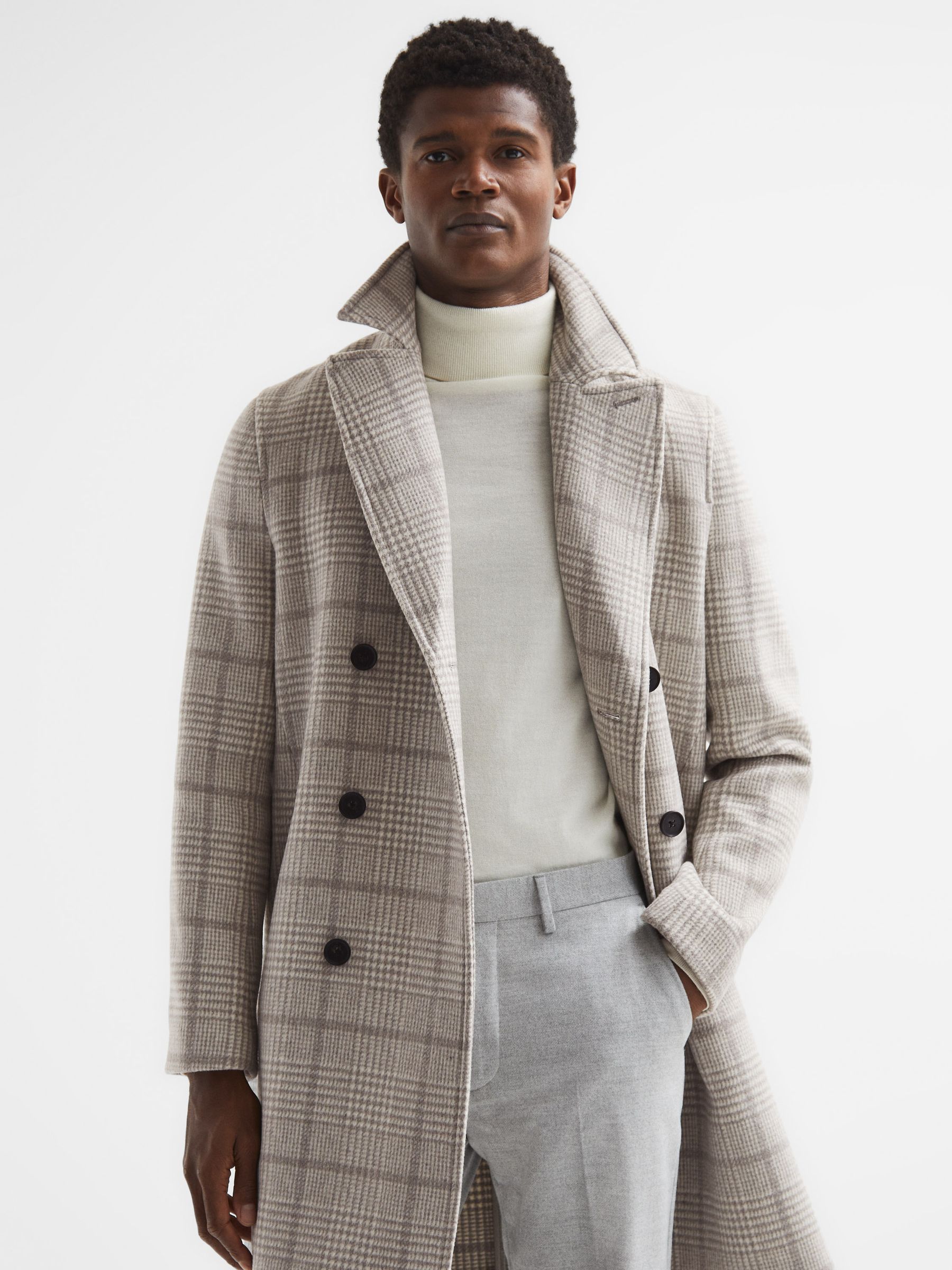 Double Breasted Long Checked Overcoat in Soft Grey - Image 3 of 7