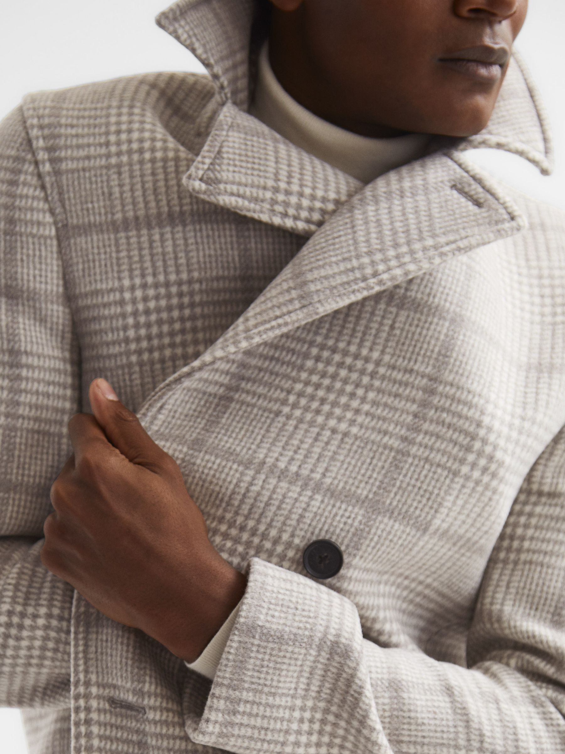 Double Breasted Long Checked Overcoat in Soft Grey - Image 4 of 7