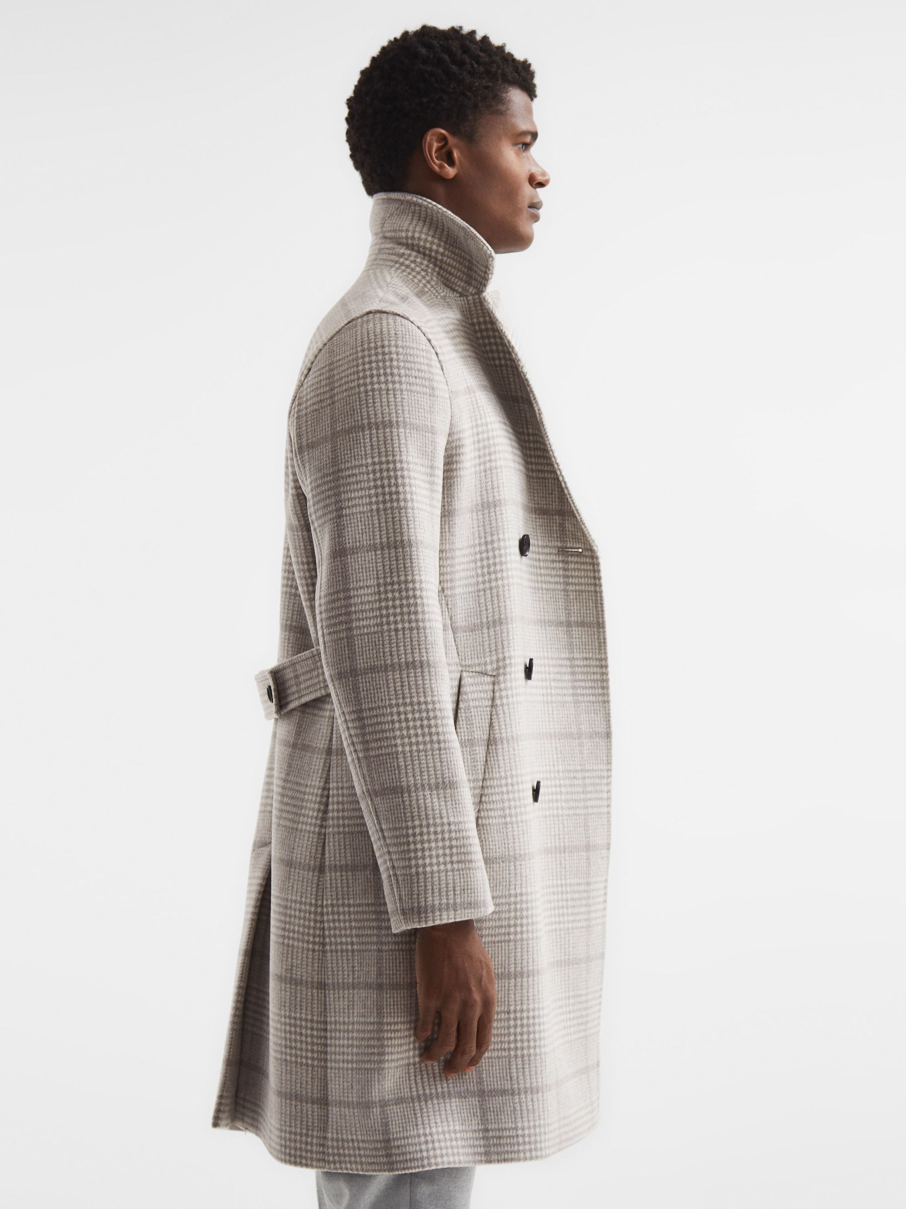 Double Breasted Long Checked Overcoat in Soft Grey - Image 6 of 7