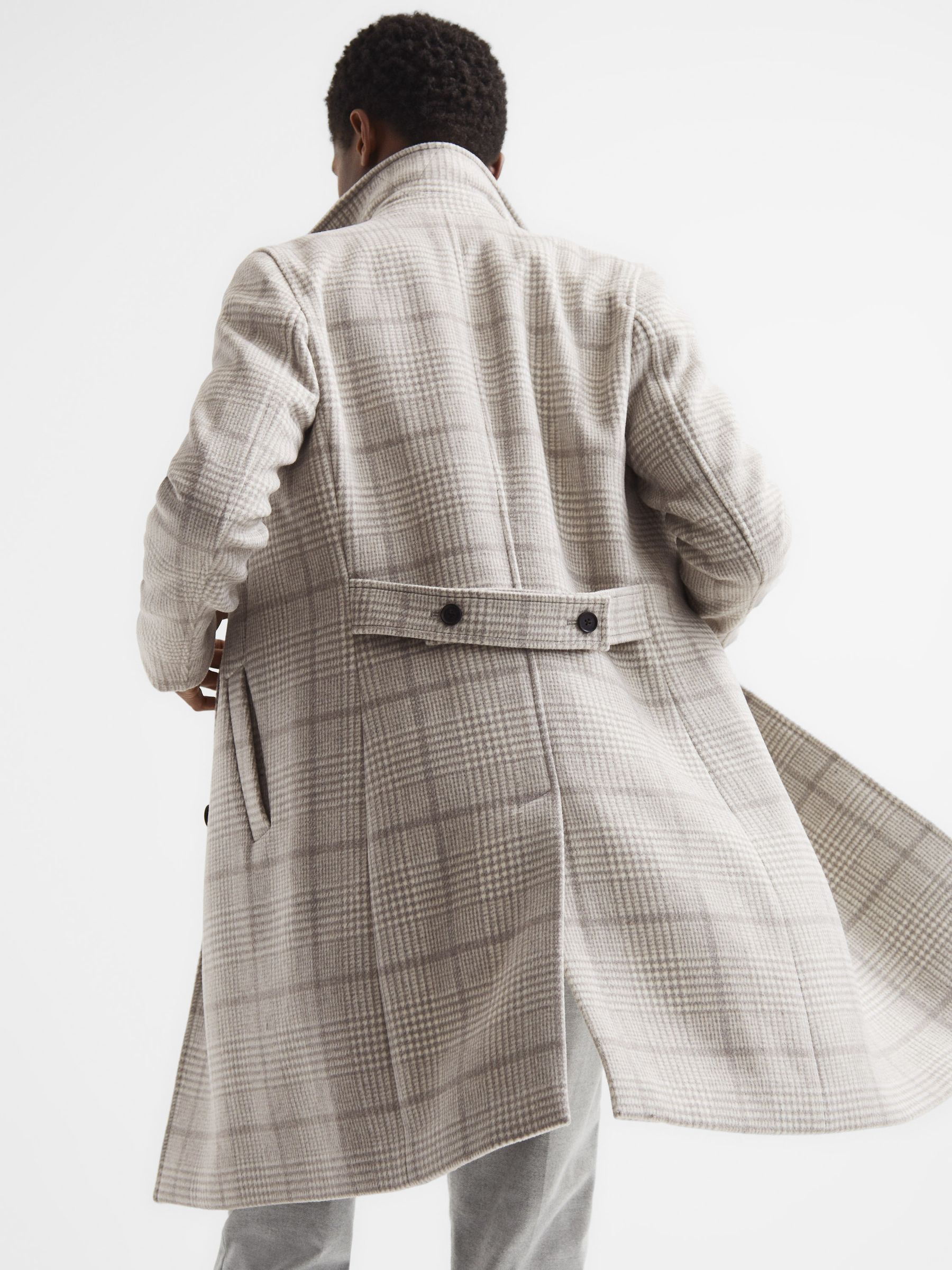 Double Breasted Long Checked Overcoat in Soft Grey - Image 7 of 7