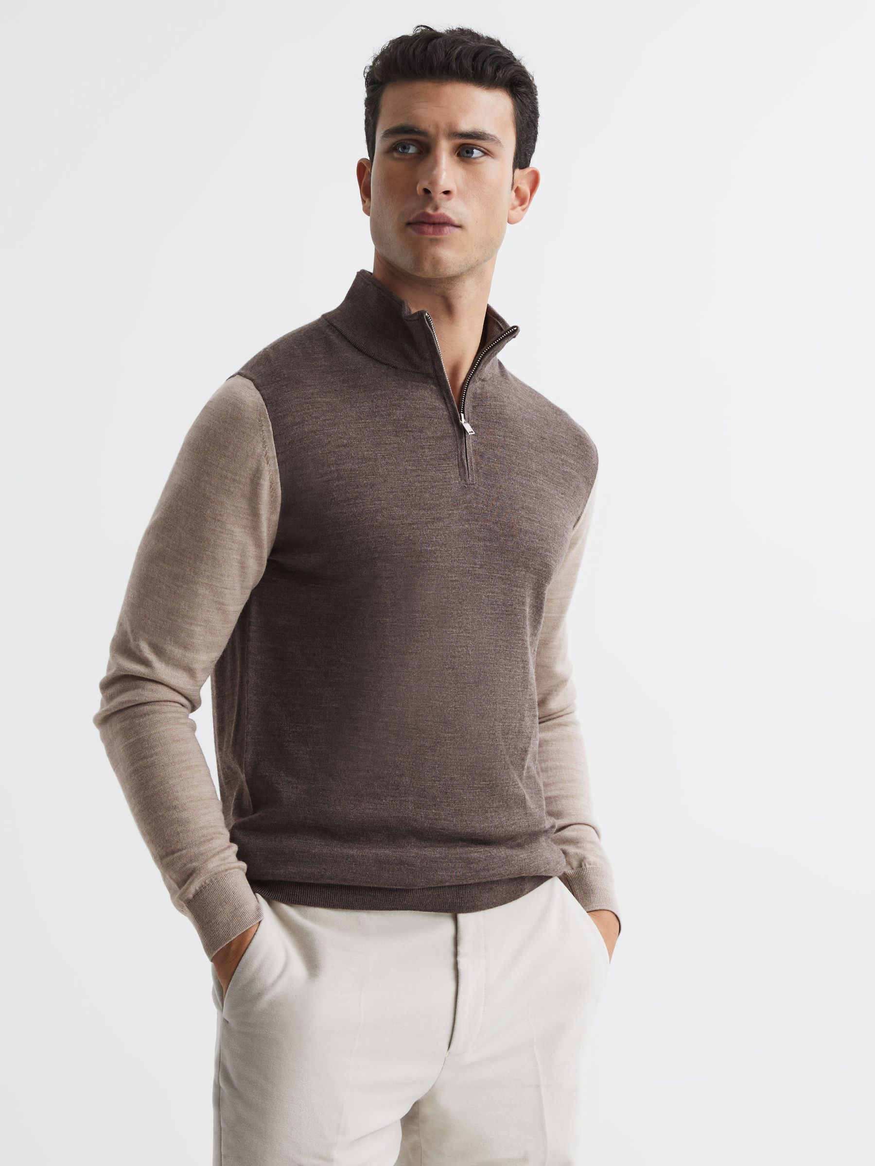 Merino Colourblock Half Zip Jumper in Mouse Brown / Wheat Melange - Image 1 of 7