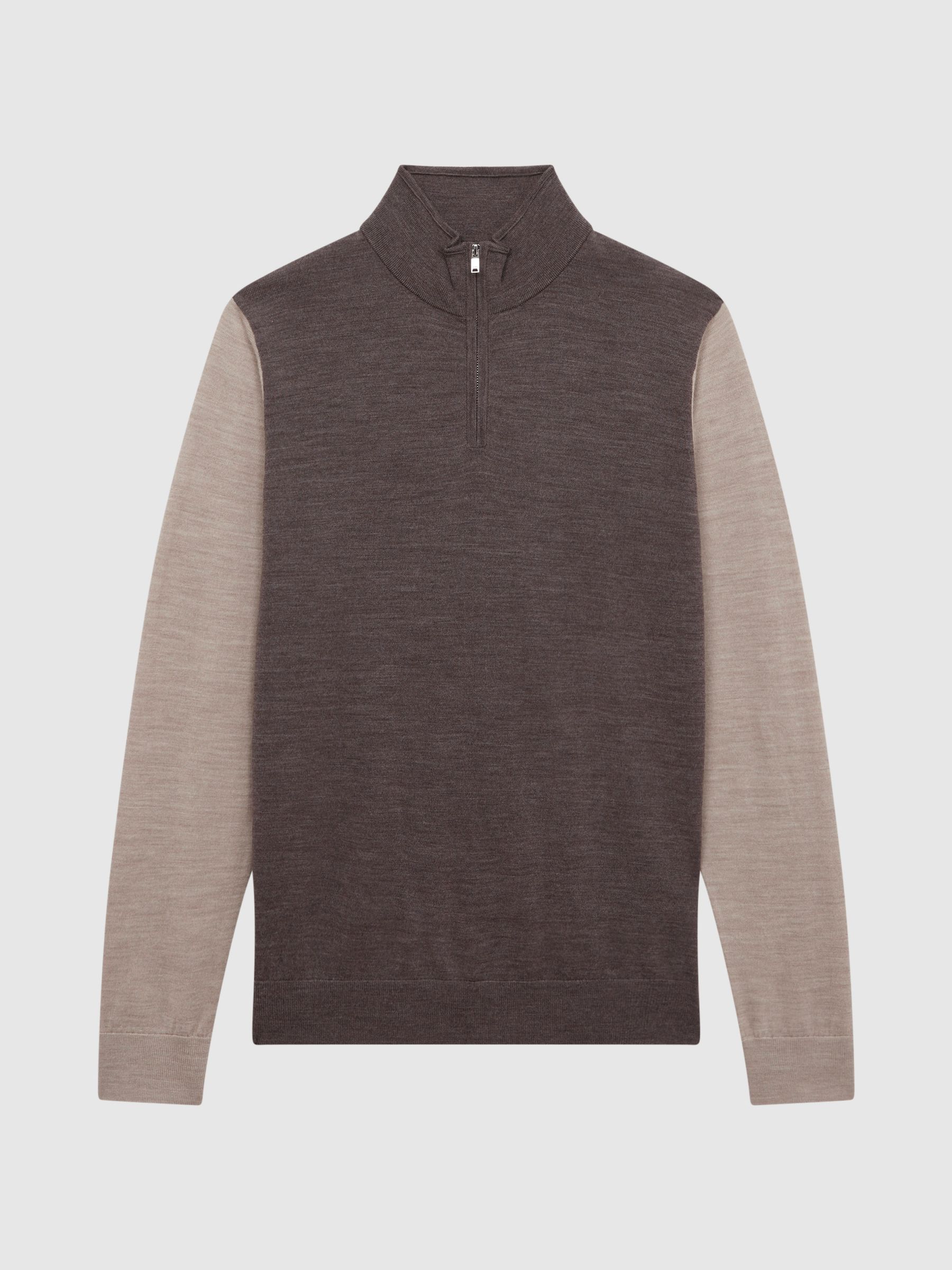 Merino Colourblock Half Zip Jumper in Mouse Brown / Wheat Melange - Image 2 of 7 Merino Colourblock Half Zip Jumper in Mouse Brown / Wheat Melange - Image 2 of 7