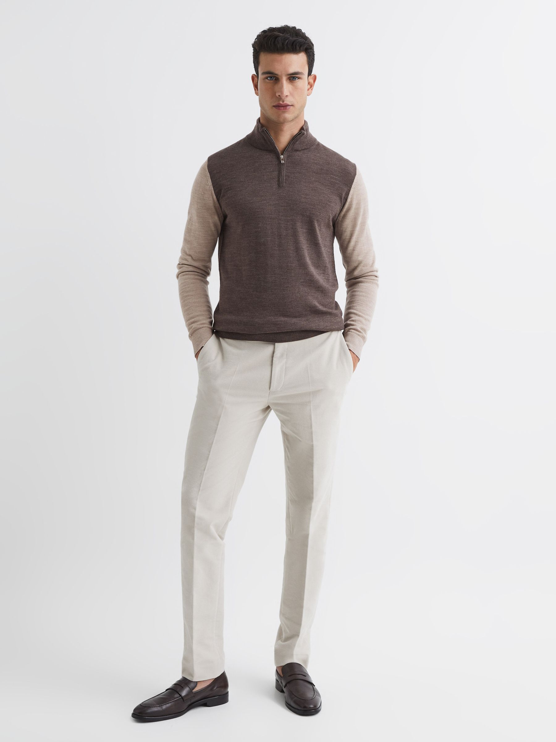 Merino Colourblock Half Zip Jumper in Mouse Brown / Wheat Melange - Image 3 of 7