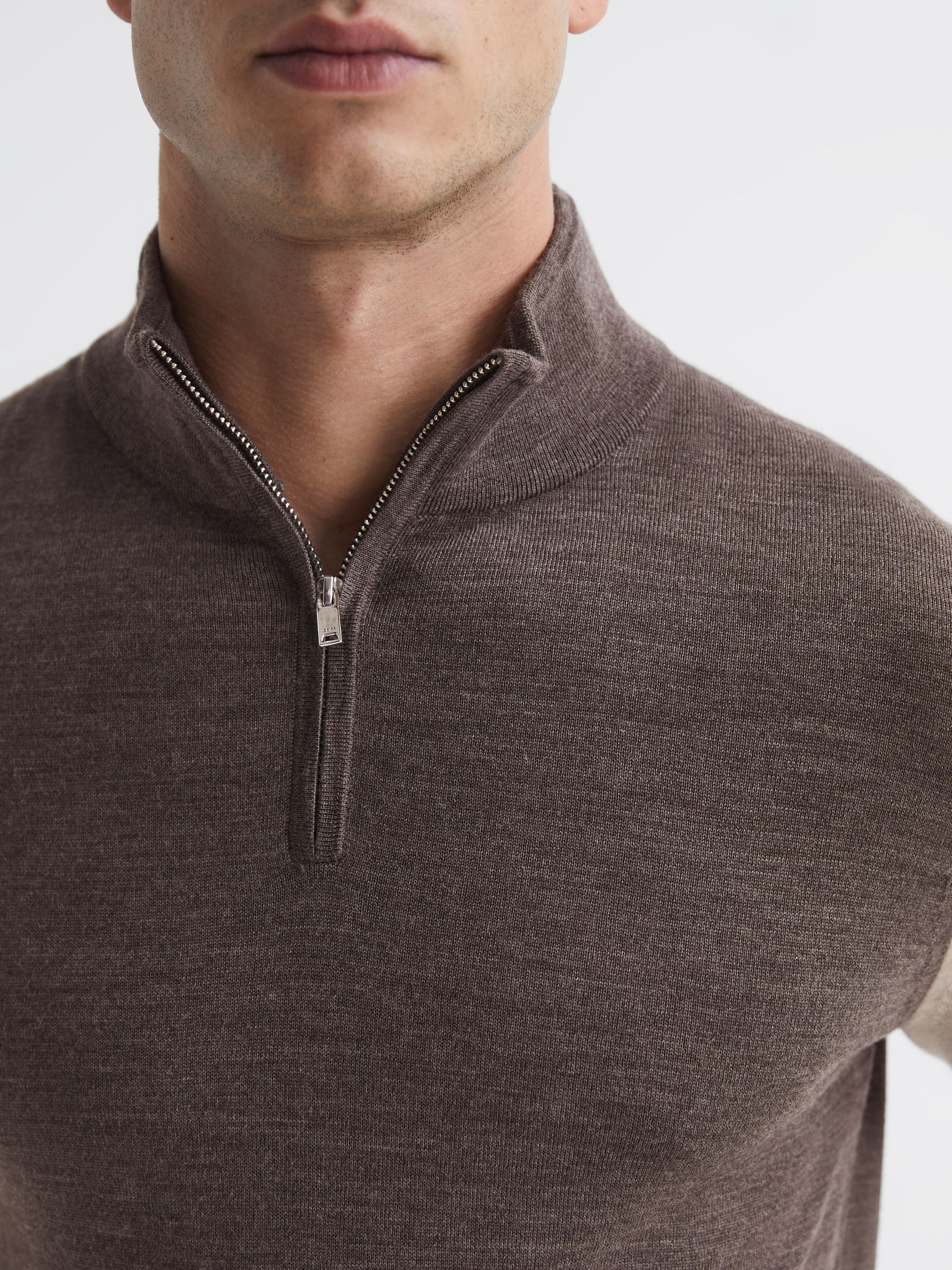 Merino Colourblock Half Zip Jumper in Mouse Brown / Wheat Melange - Image 4 of 7