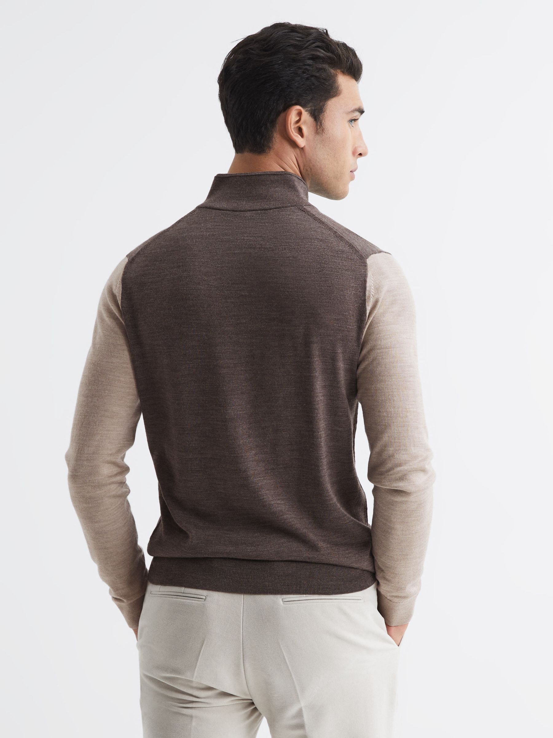 Merino Colourblock Half Zip Jumper in Mouse Brown / Wheat Melange - Image 5 of 7