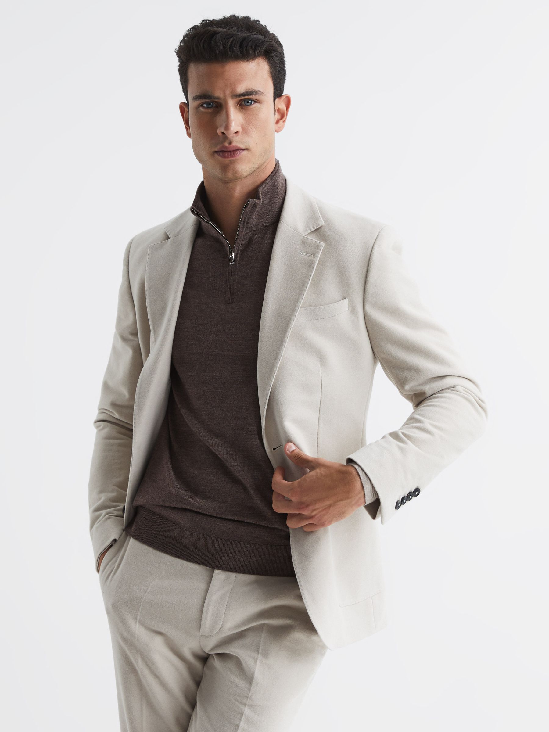 Merino Colourblock Half Zip Jumper in Mouse Brown / Wheat Melange - Image 7 of 7