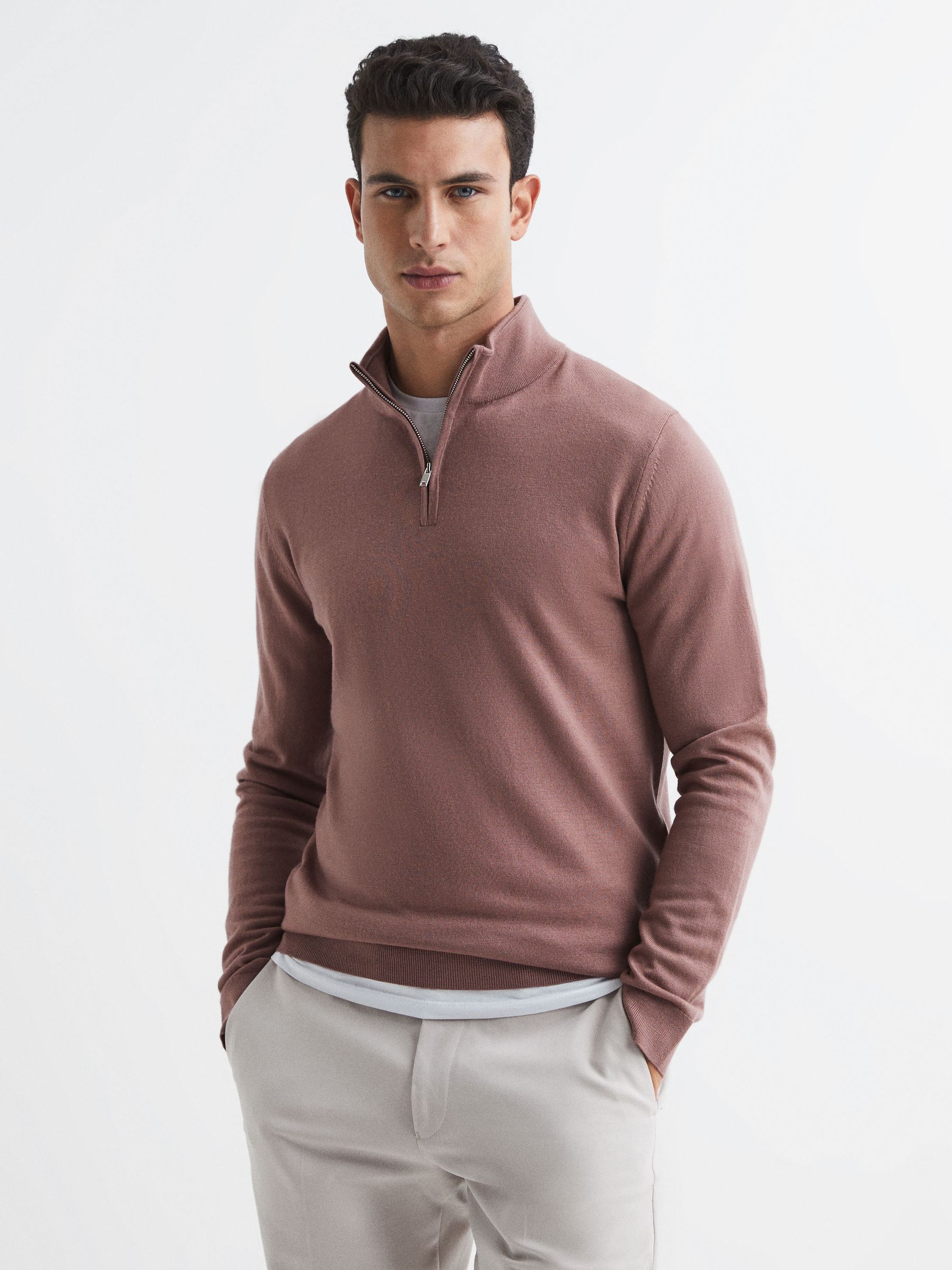 Merino Wool Half-Zip Funnel Neck Jumper in Woodrose - Image 1 of 6