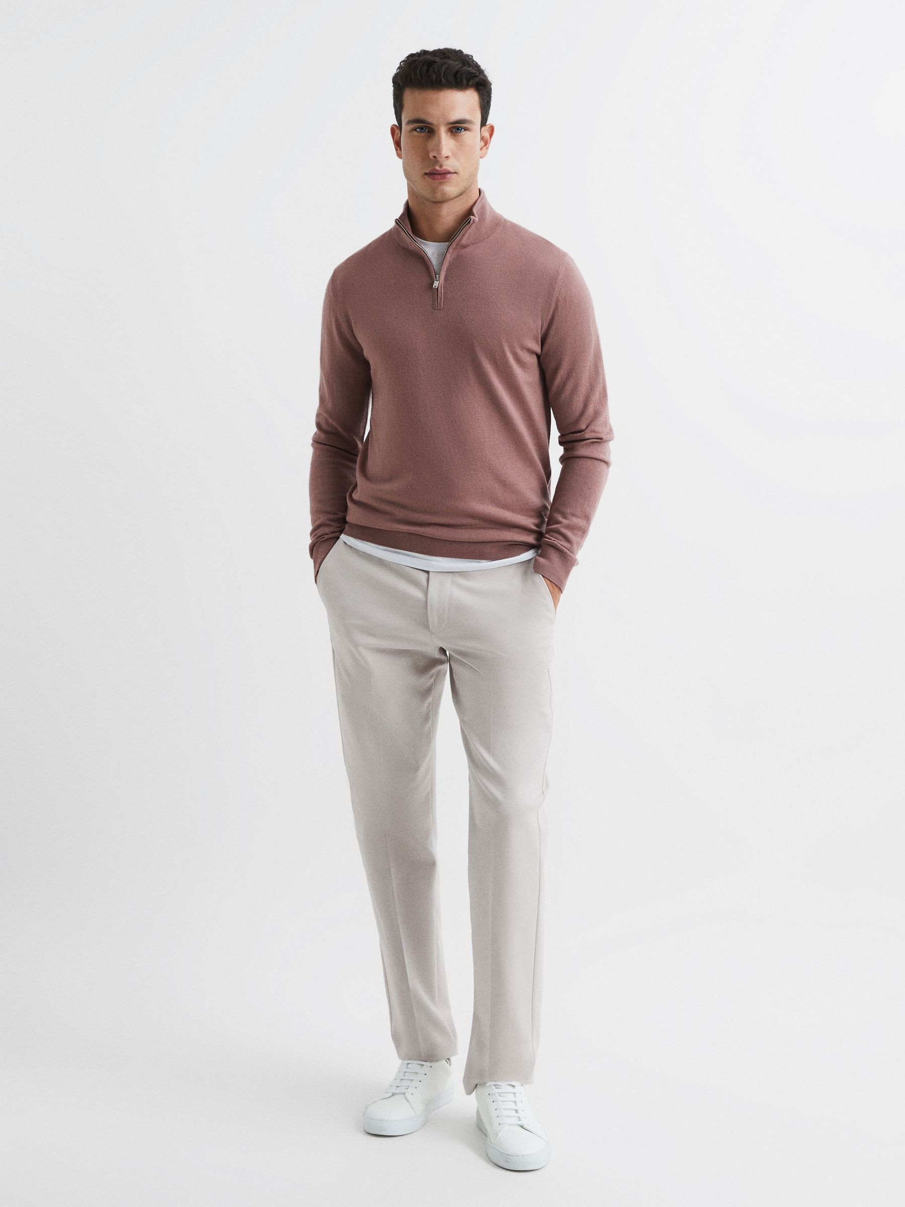 Merino Wool Half-Zip Funnel Neck Jumper in Woodrose - Image 3 of 6